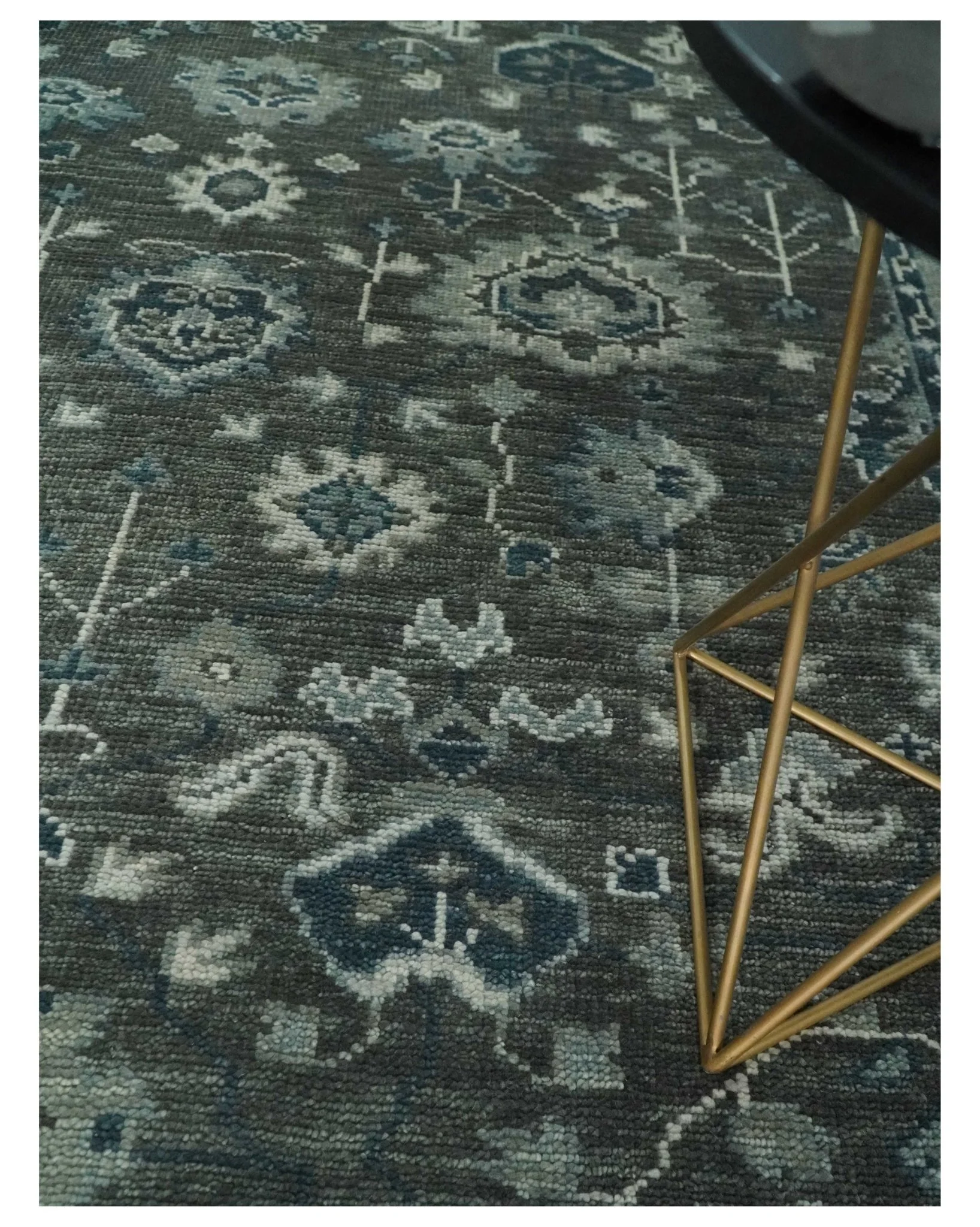 Antique Charcoal Hand Knotted Oushak Silver and Blue Traditional Wool Rug - Image 2