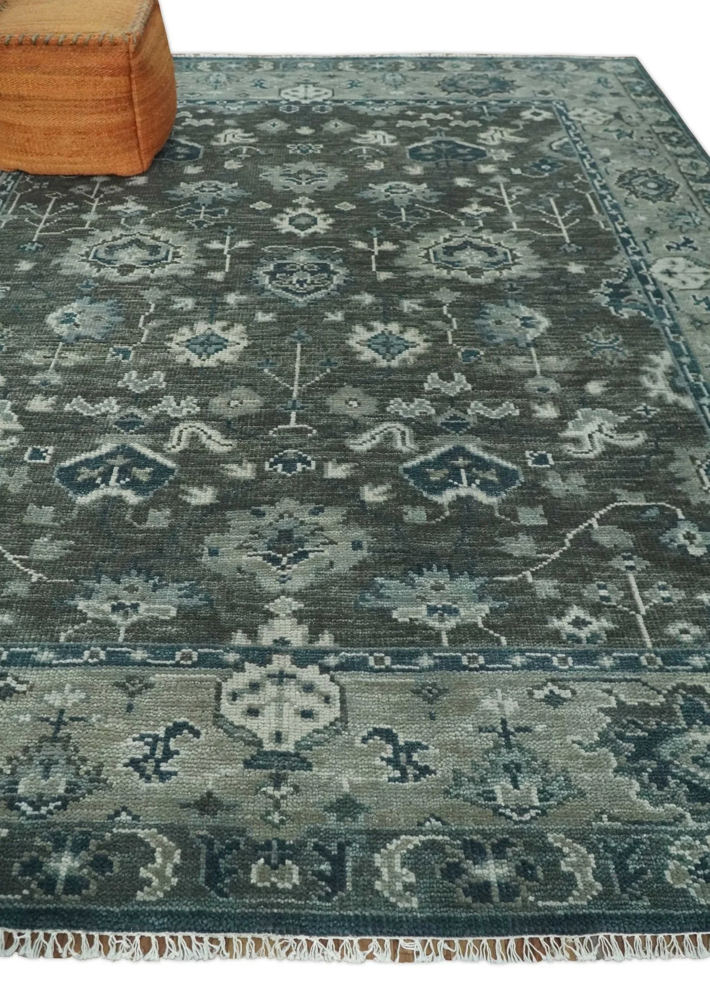 Antique Charcoal Hand Knotted Oushak Silver and Blue Traditional Wool Rug - Image 3
