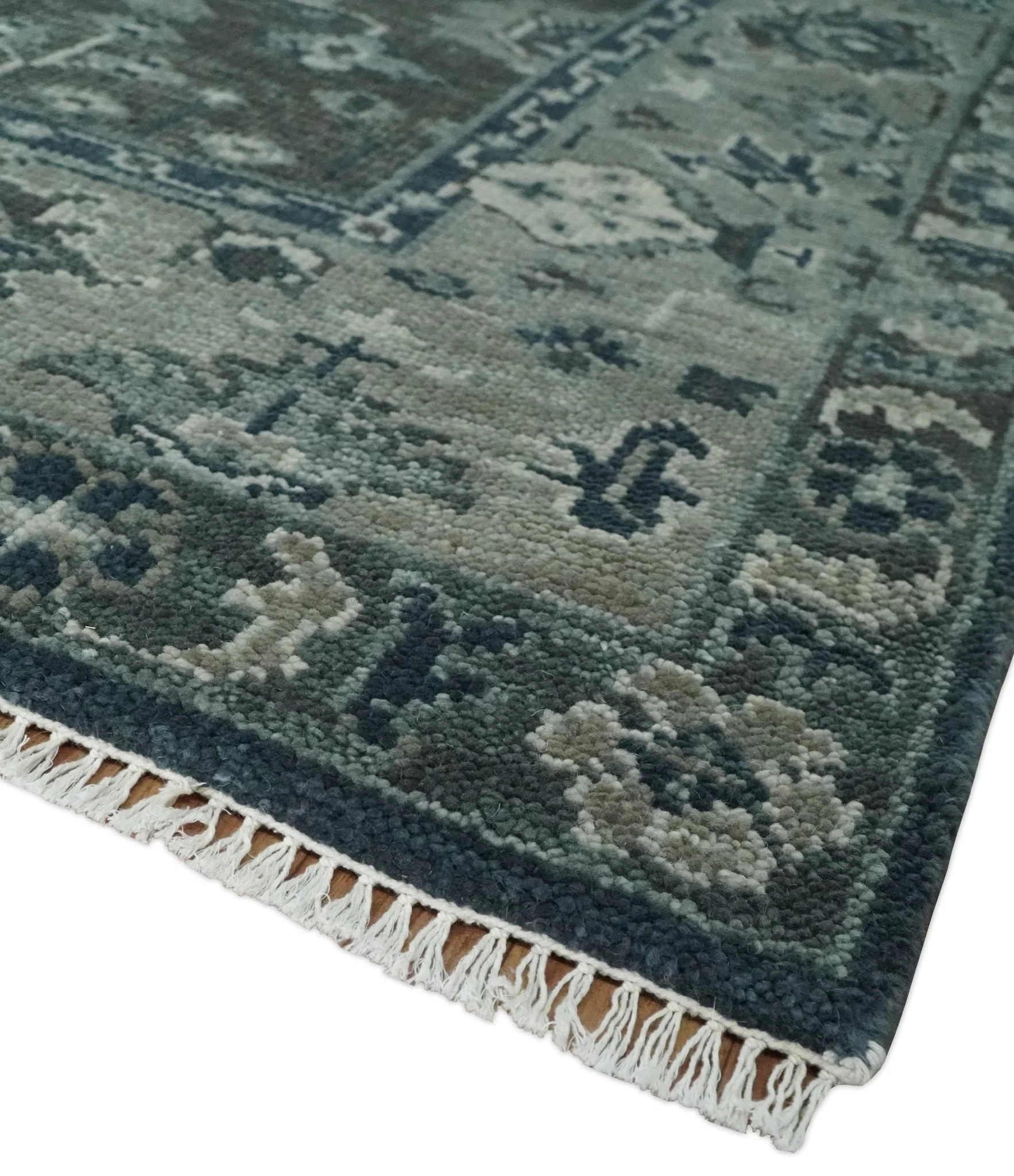 Antique Charcoal Hand Knotted Oushak Silver and Blue Traditional Wool Rug - Image 5