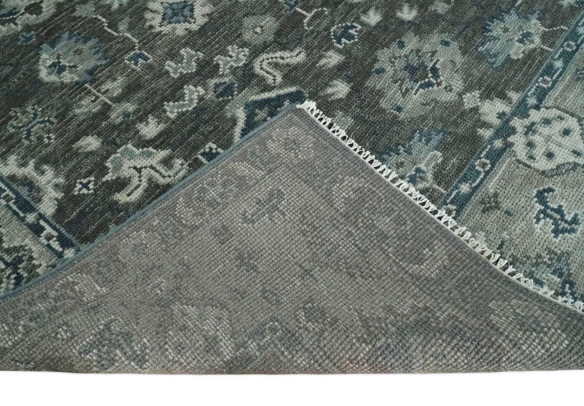 Antique Charcoal Hand Knotted Oushak Silver and Blue Traditional Wool Rug - Image 7