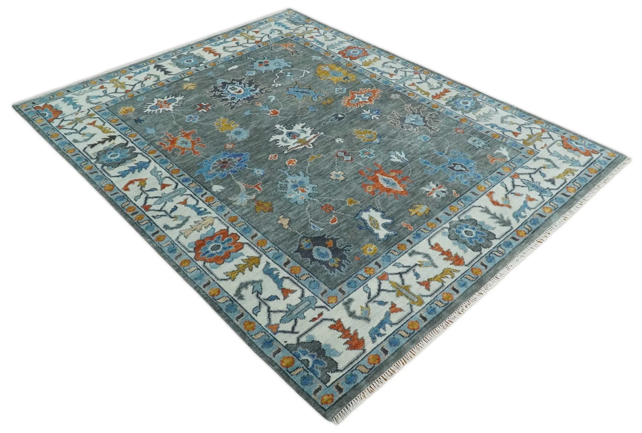 Vibrant Colorful Hand Knotted Charcoal, Ivory, Blue and Rust Traditional Oushak Multi Size wool Area Rug - Image 10