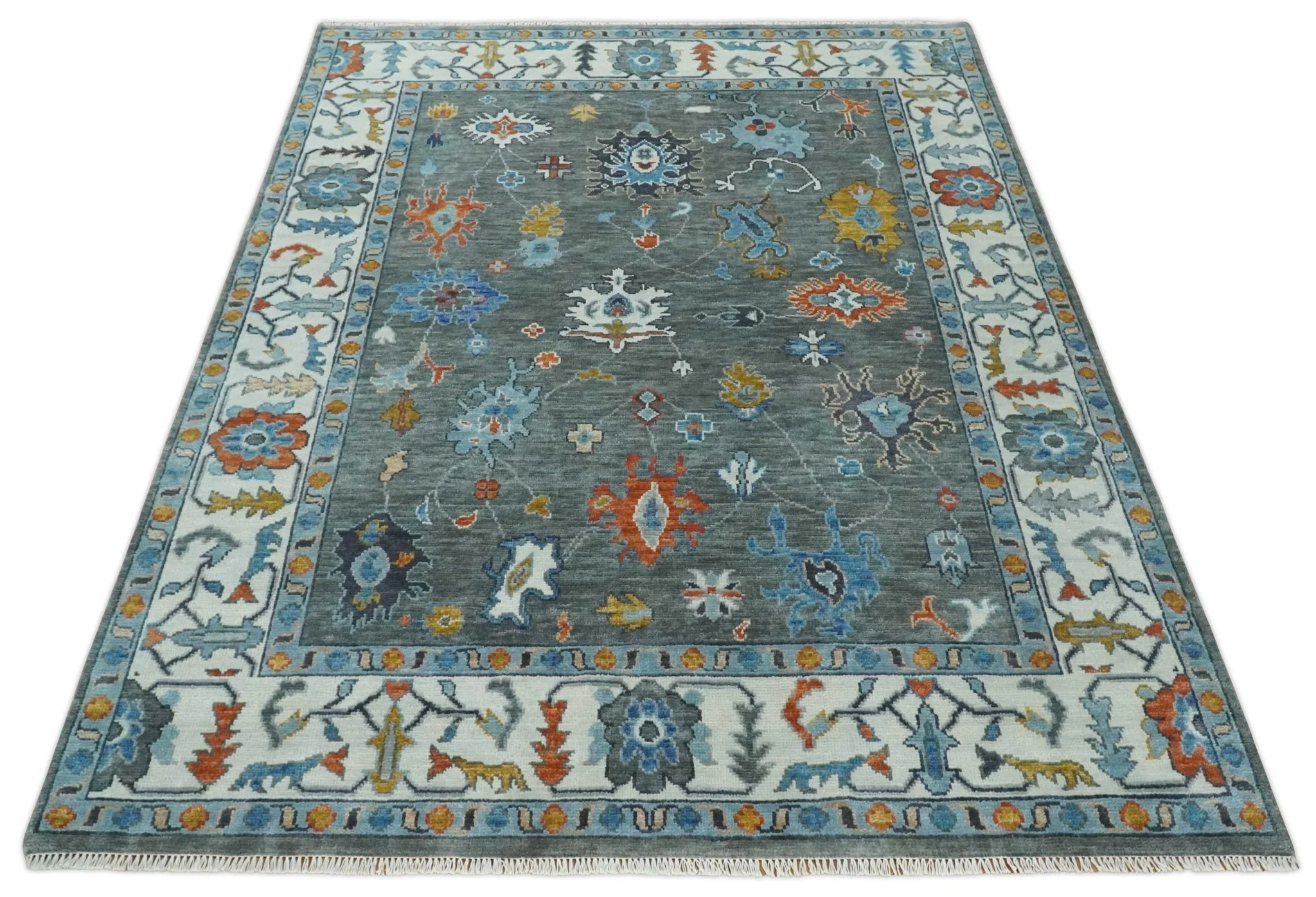 Vibrant Colorful Hand Knotted Charcoal, Ivory, Blue and Rust Traditional Oushak Multi Size wool Area Rug - Image 11