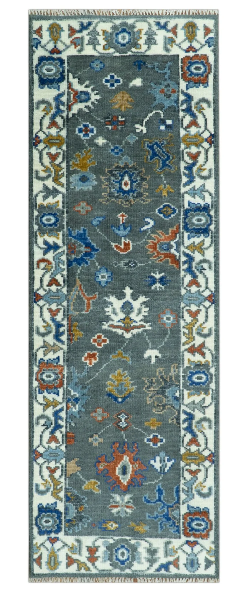 Vibrant Colorful Hand Knotted Charcoal, Ivory, Blue and Rust Traditional Oushak Multi Size wool Area Rug - Image 12