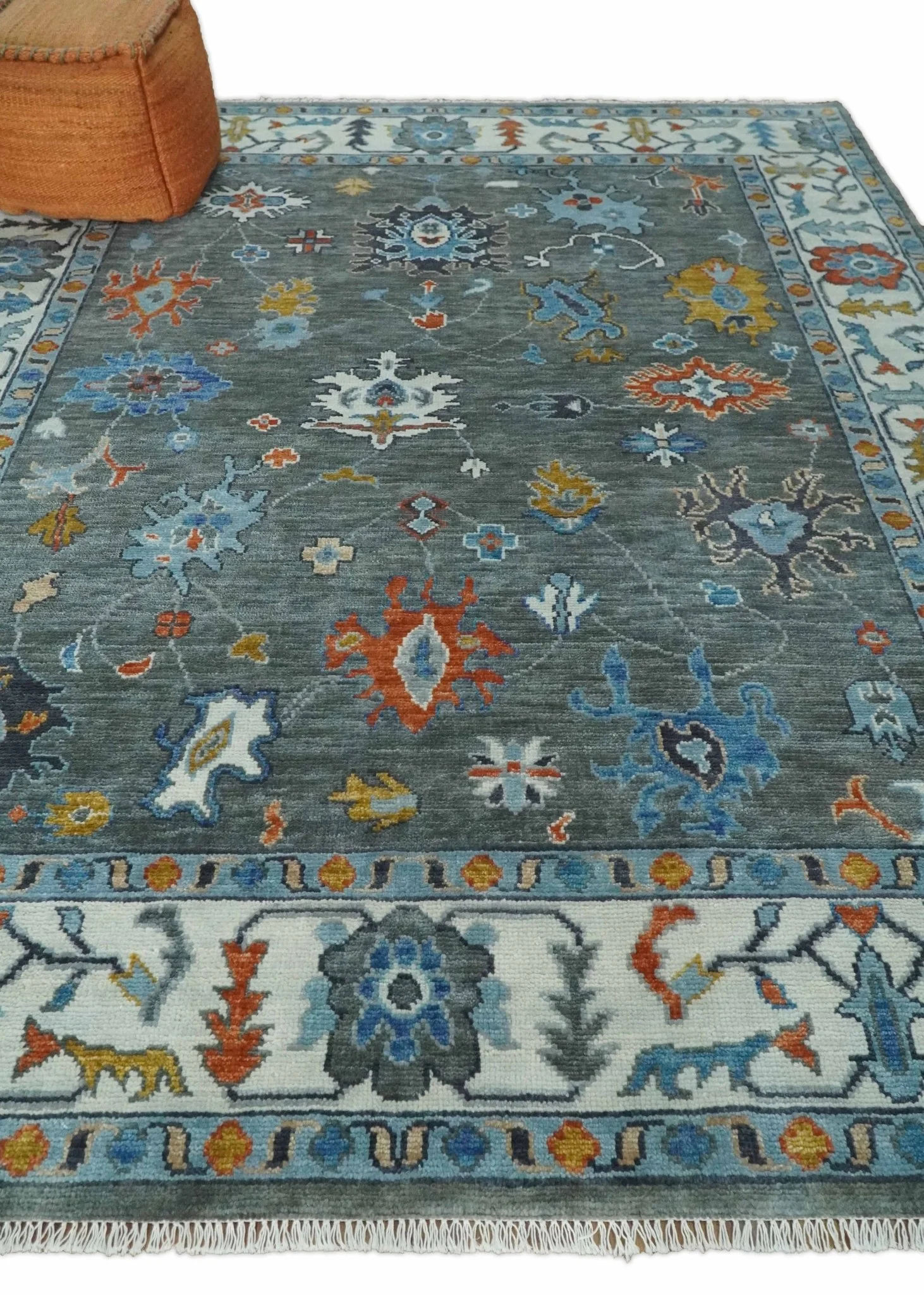 Vibrant Colorful Hand Knotted Charcoal, Ivory, Blue and Rust Traditional Oushak Multi Size wool Area Rug - Image 2