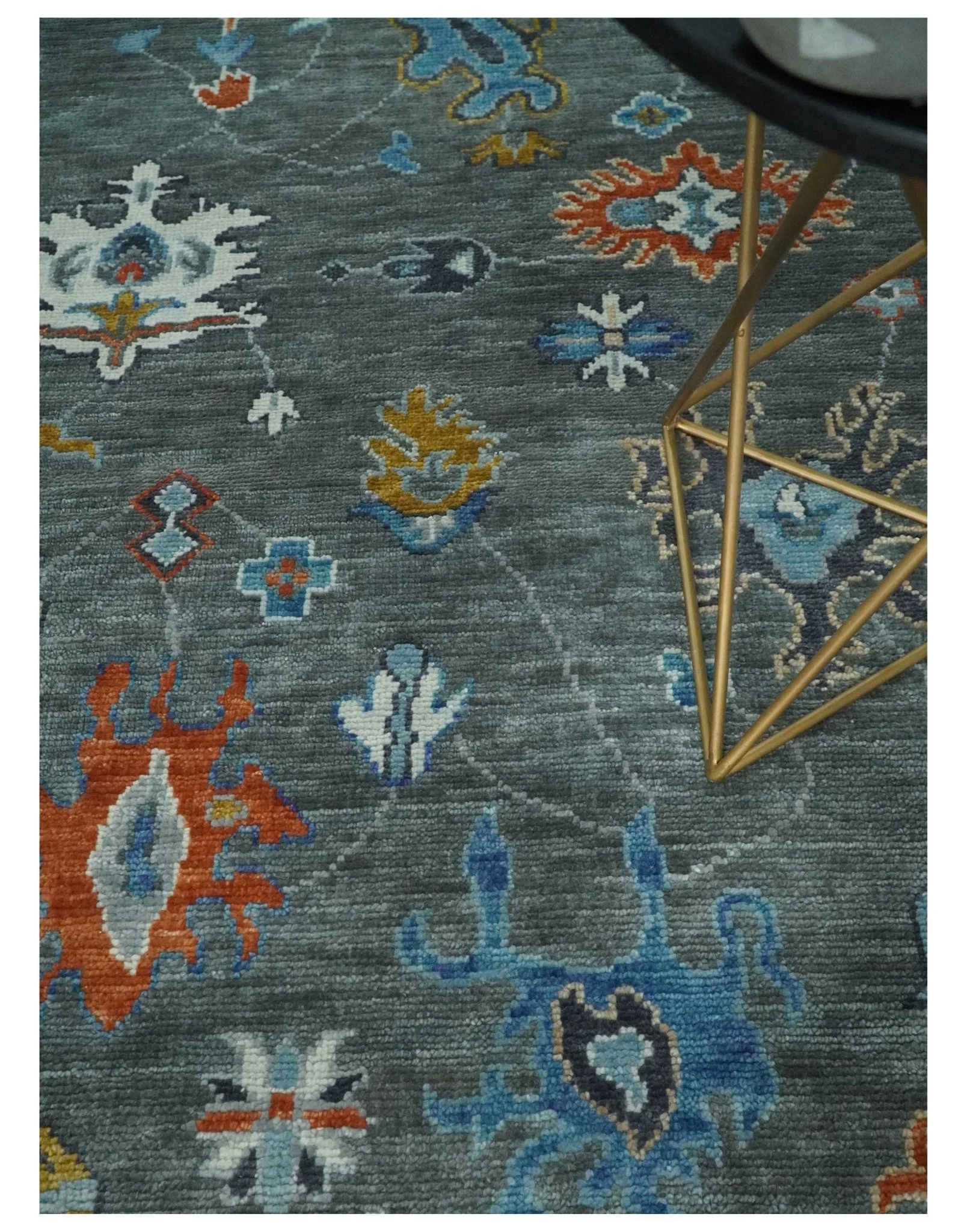 Vibrant Colorful Hand Knotted Charcoal, Ivory, Blue and Rust Traditional Oushak Multi Size wool Area Rug - Image 3