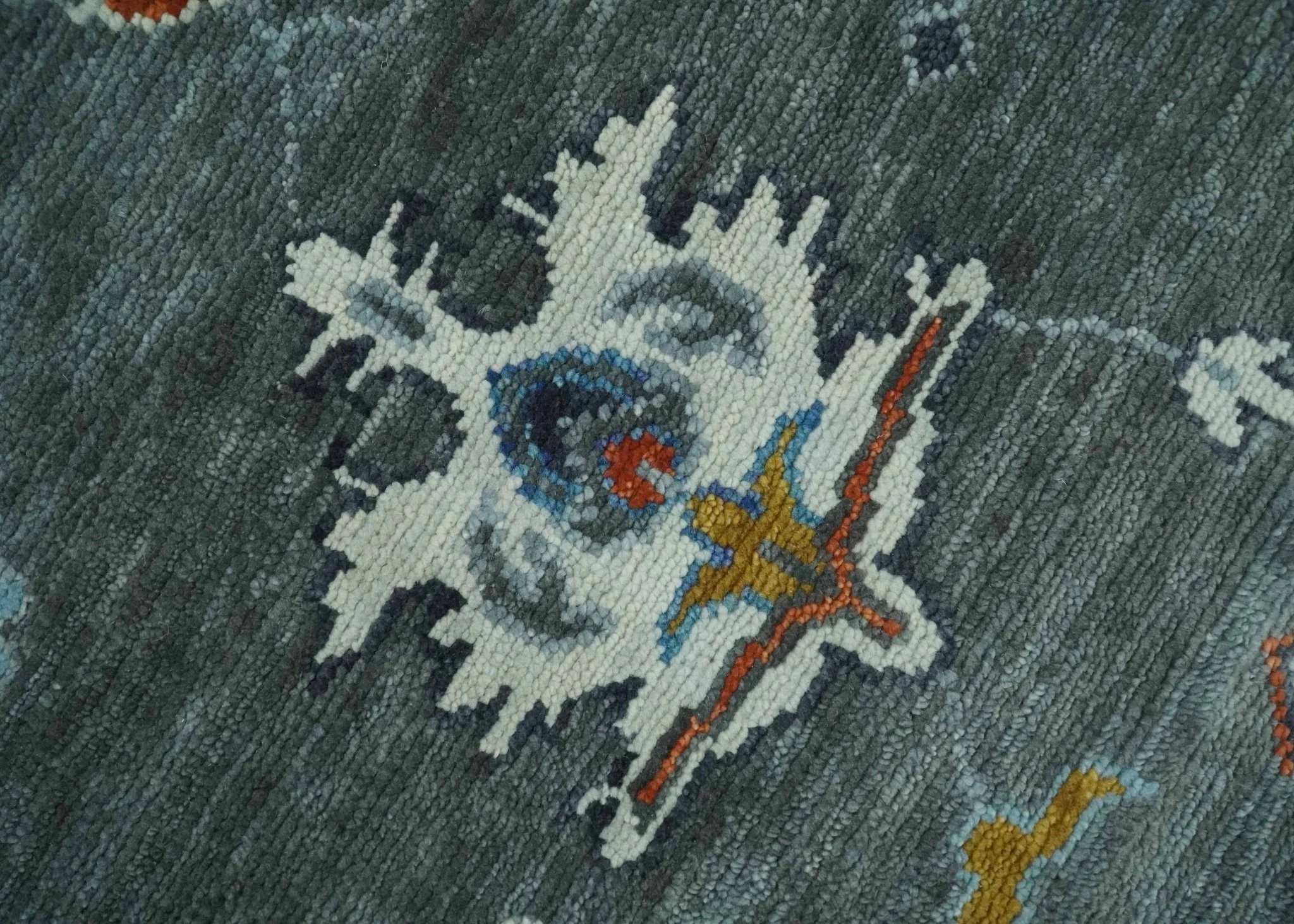 Vibrant Colorful Hand Knotted Charcoal, Ivory, Blue and Rust Traditional Oushak Multi Size wool Area Rug - Image 4