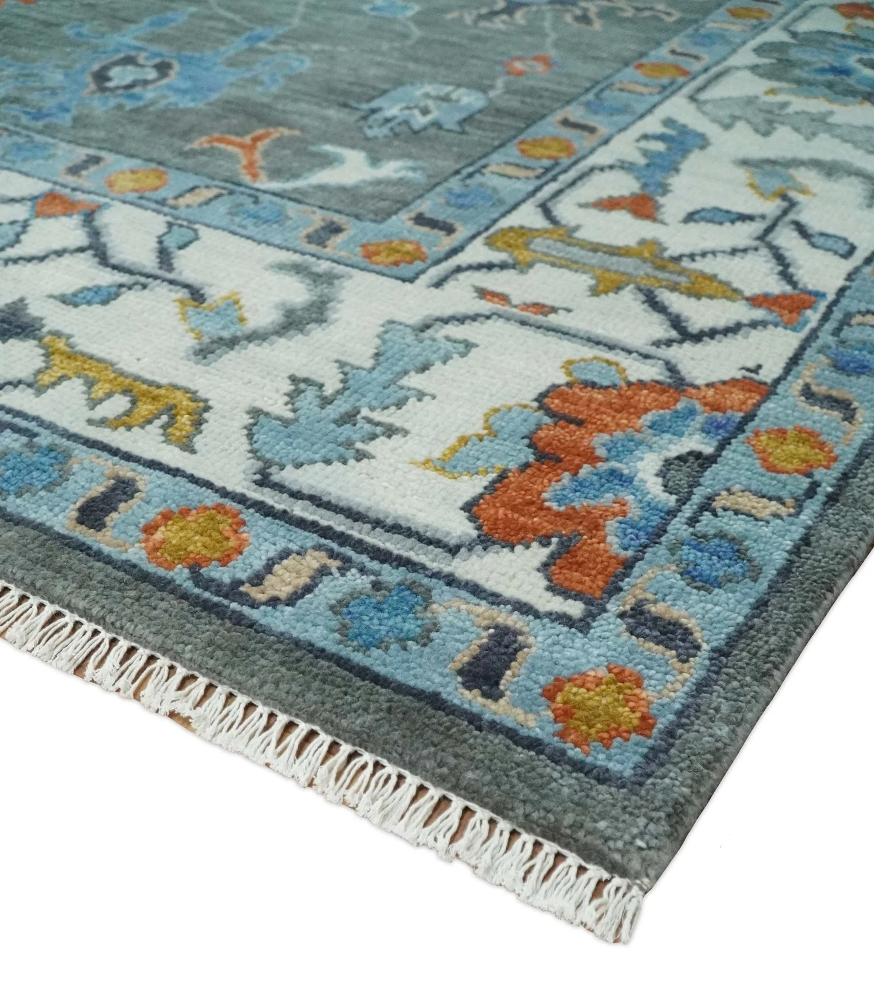 Vibrant Colorful Hand Knotted Charcoal, Ivory, Blue and Rust Traditional Oushak Multi Size wool Area Rug - Image 5
