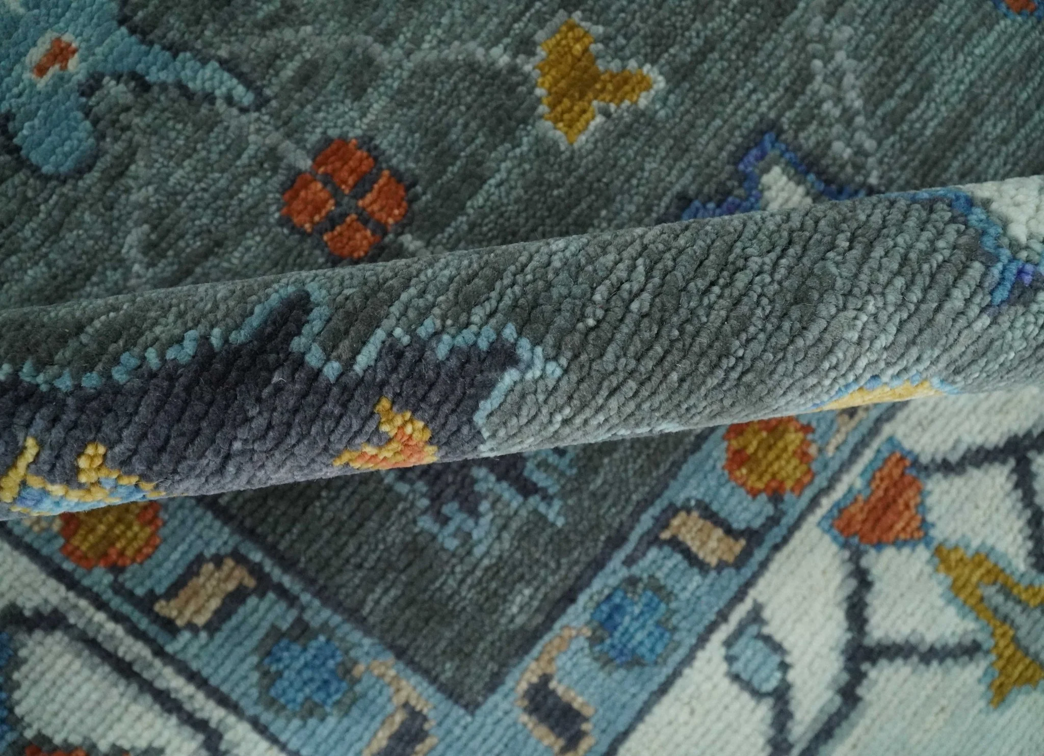 Vibrant Colorful Hand Knotted Charcoal, Ivory, Blue and Rust Traditional Oushak Multi Size wool Area Rug - Image 6