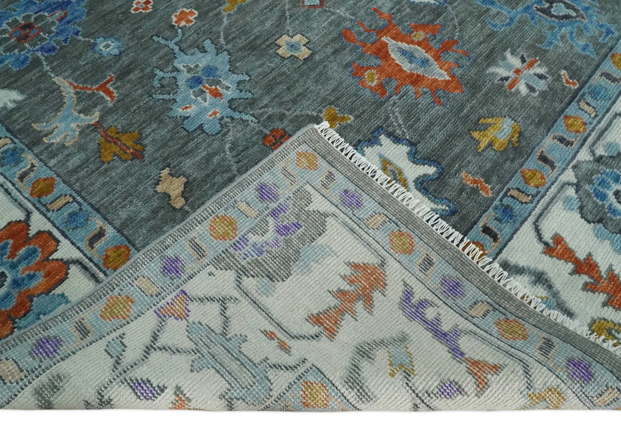 Vibrant Colorful Hand Knotted Charcoal, Ivory, Blue and Rust Traditional Oushak Multi Size wool Area Rug - Image 7