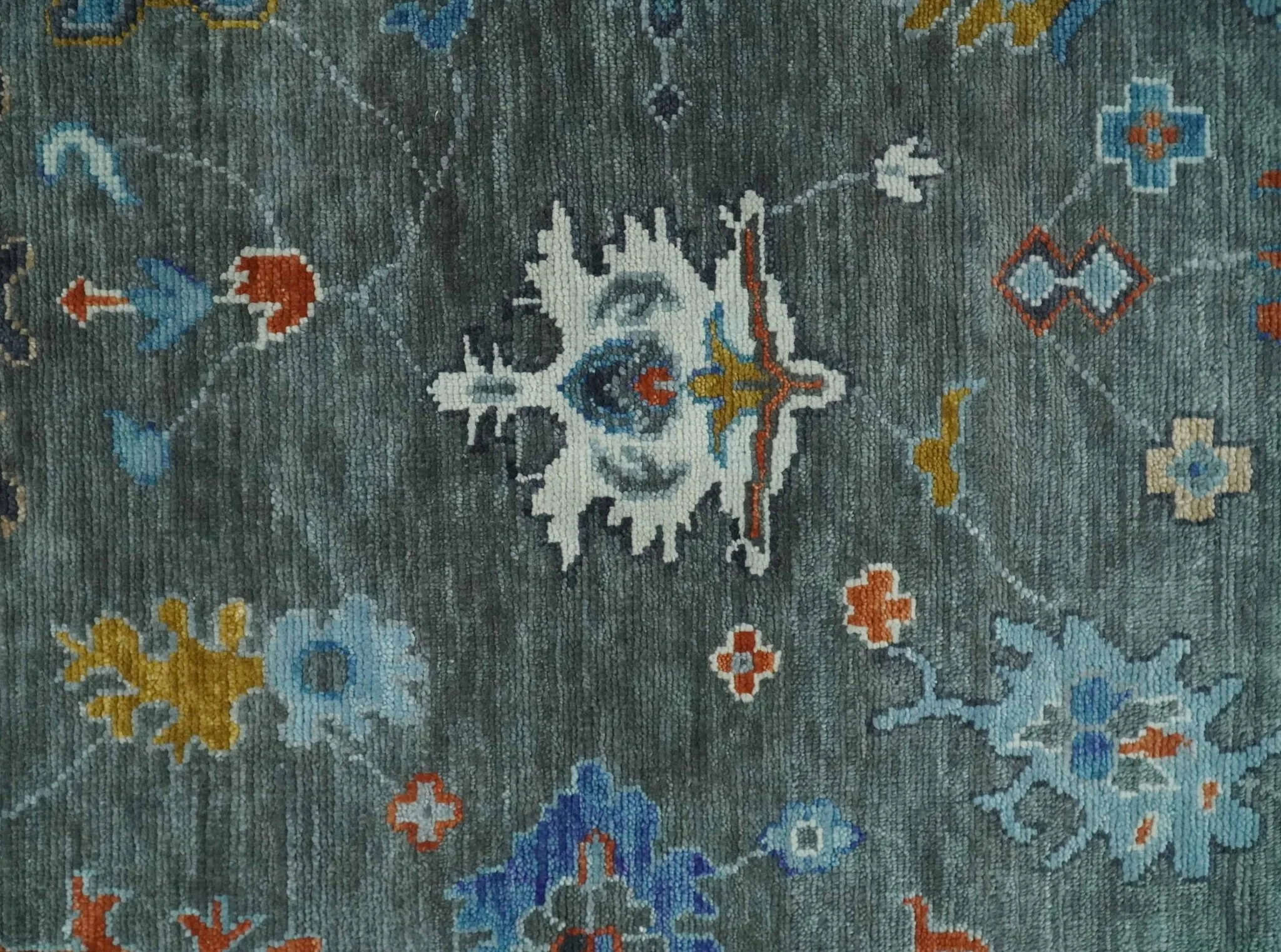 Vibrant Colorful Hand Knotted Charcoal, Ivory, Blue and Rust Traditional Oushak Multi Size wool Area Rug - Image 9