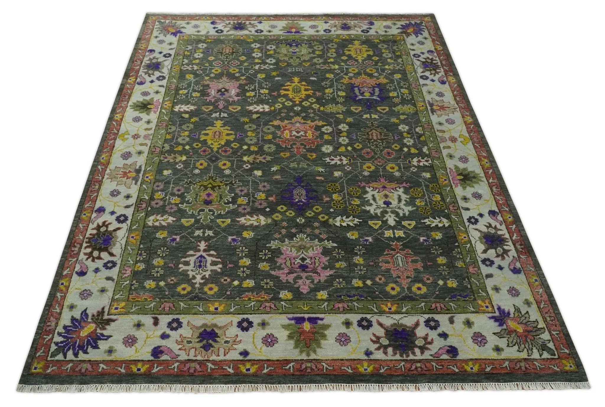Hand Knotted Charcoal, Ivory and Green Traditional Oushak Custom Made Wool Area Rug - Image 10