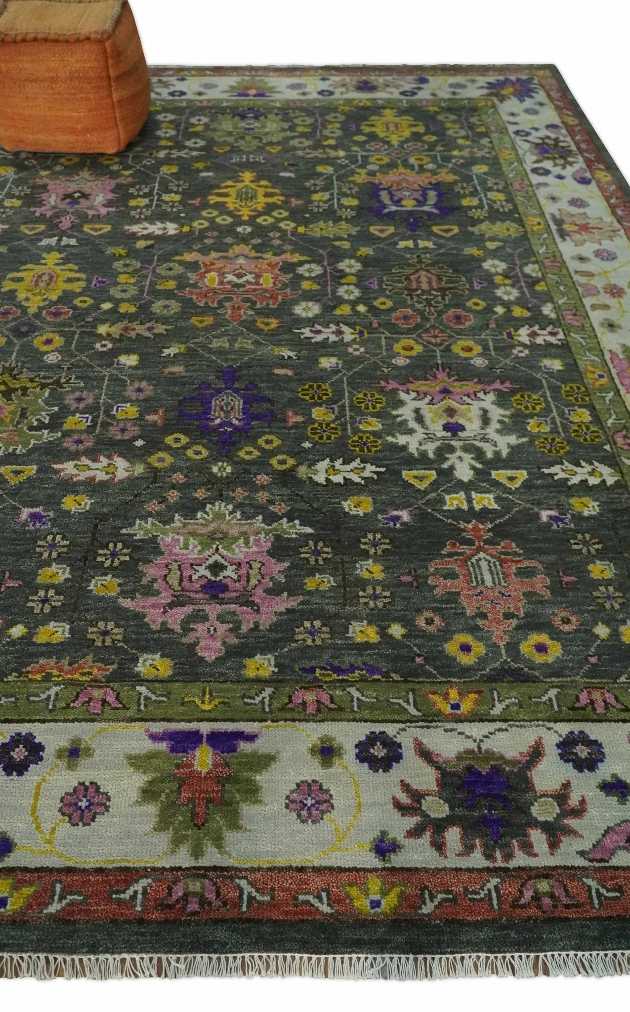 Hand Knotted Charcoal, Ivory and Green Traditional Oushak Custom Made Wool Area Rug - Image 3