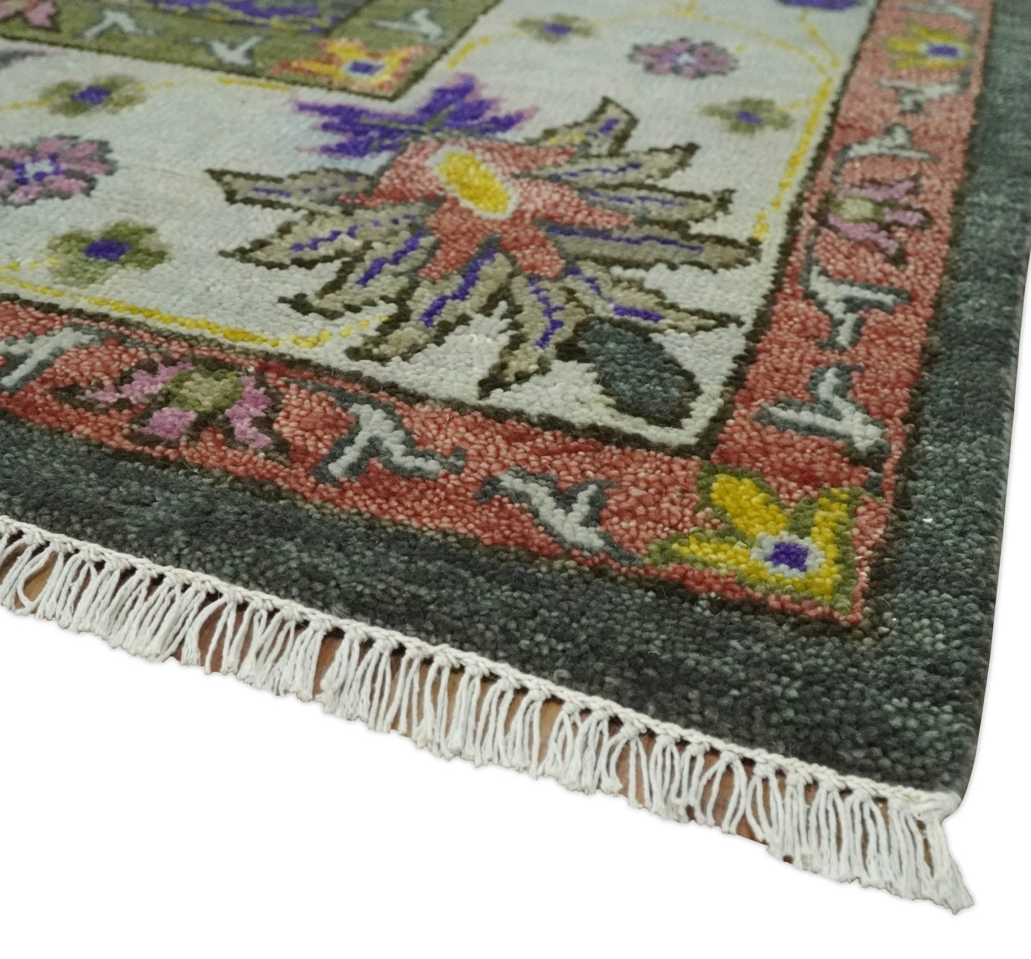 Hand Knotted Charcoal, Ivory and Green Traditional Oushak Custom Made Wool Area Rug - Image 5