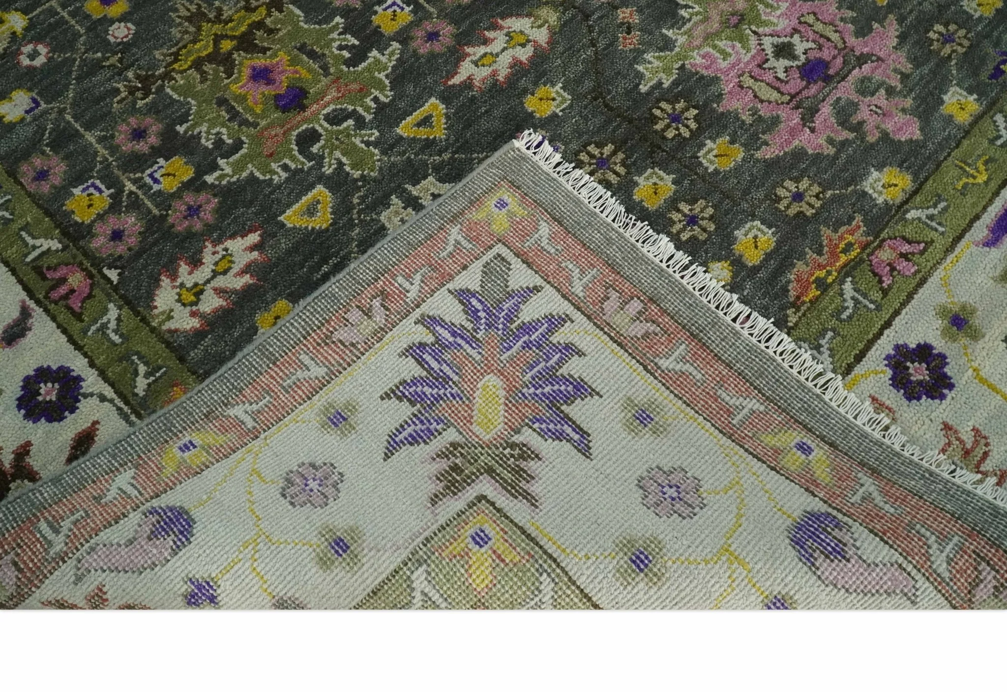 Hand Knotted Charcoal, Ivory and Green Traditional Oushak Custom Made Wool Area Rug - Image 7