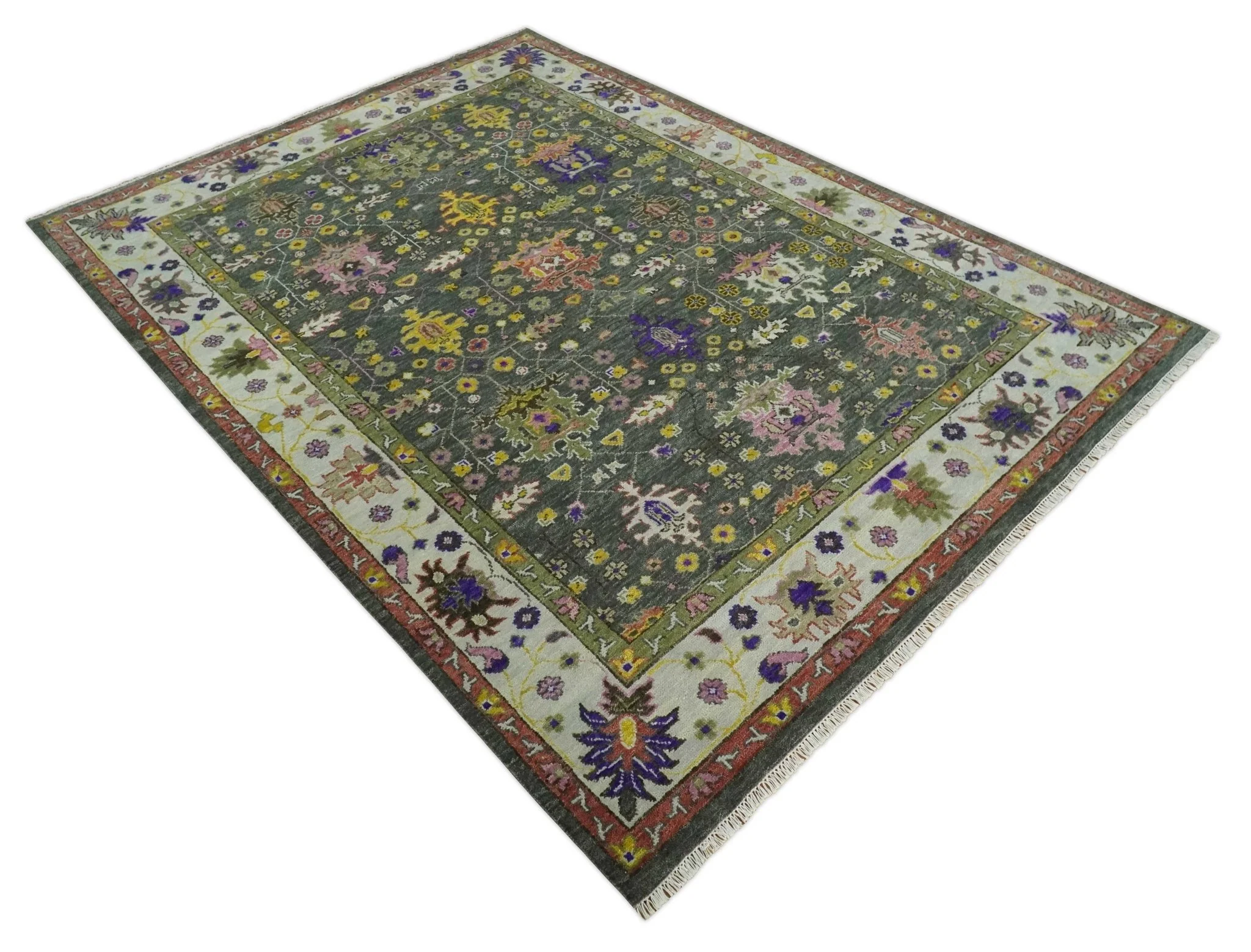 Hand Knotted Charcoal, Ivory and Green Traditional Oushak Custom Made Wool Area Rug - Image 9
