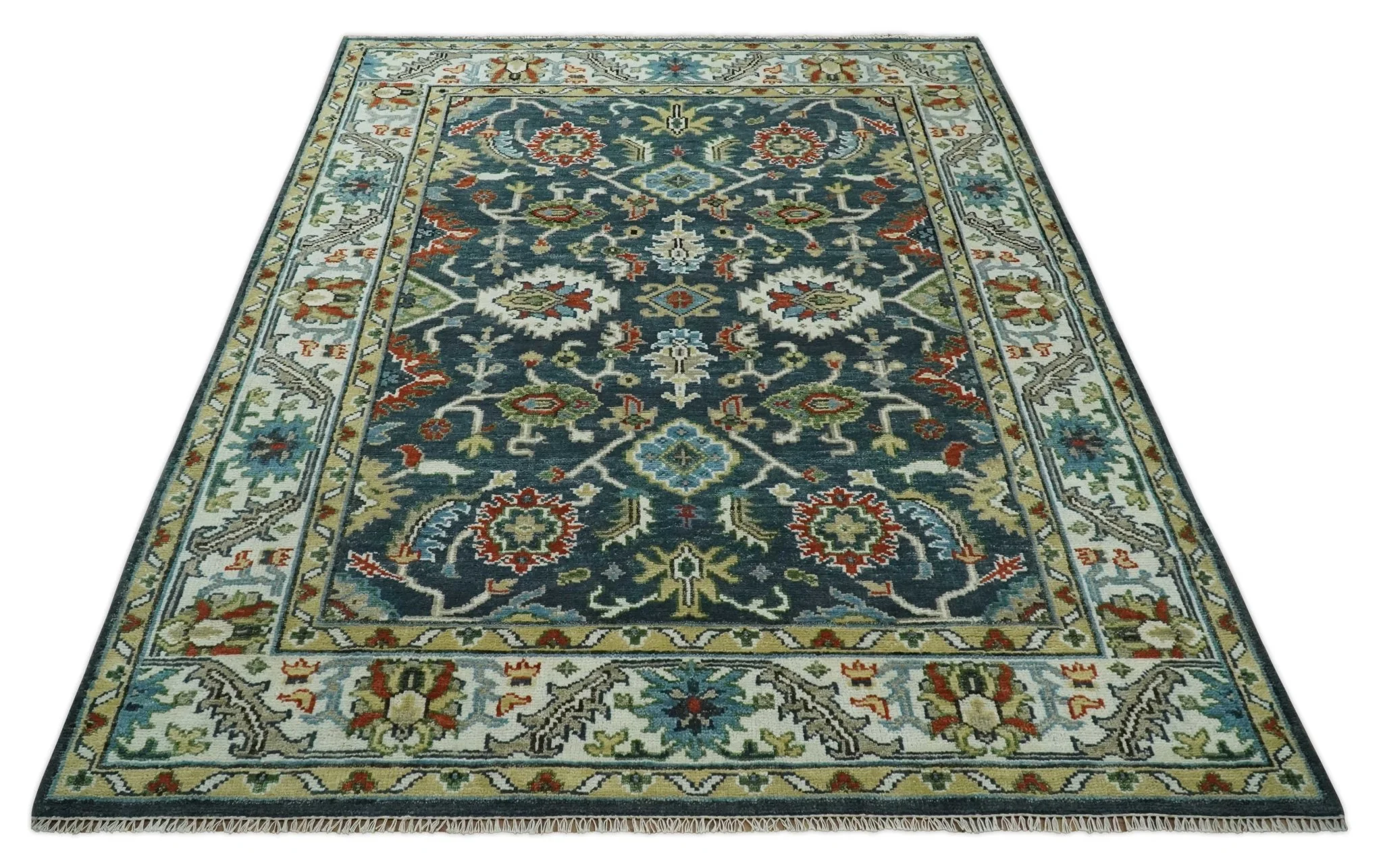 Hand Knotted Green and Ivory Traditional Oriental Oushak Custom Made Wool Area Rug - Image 4