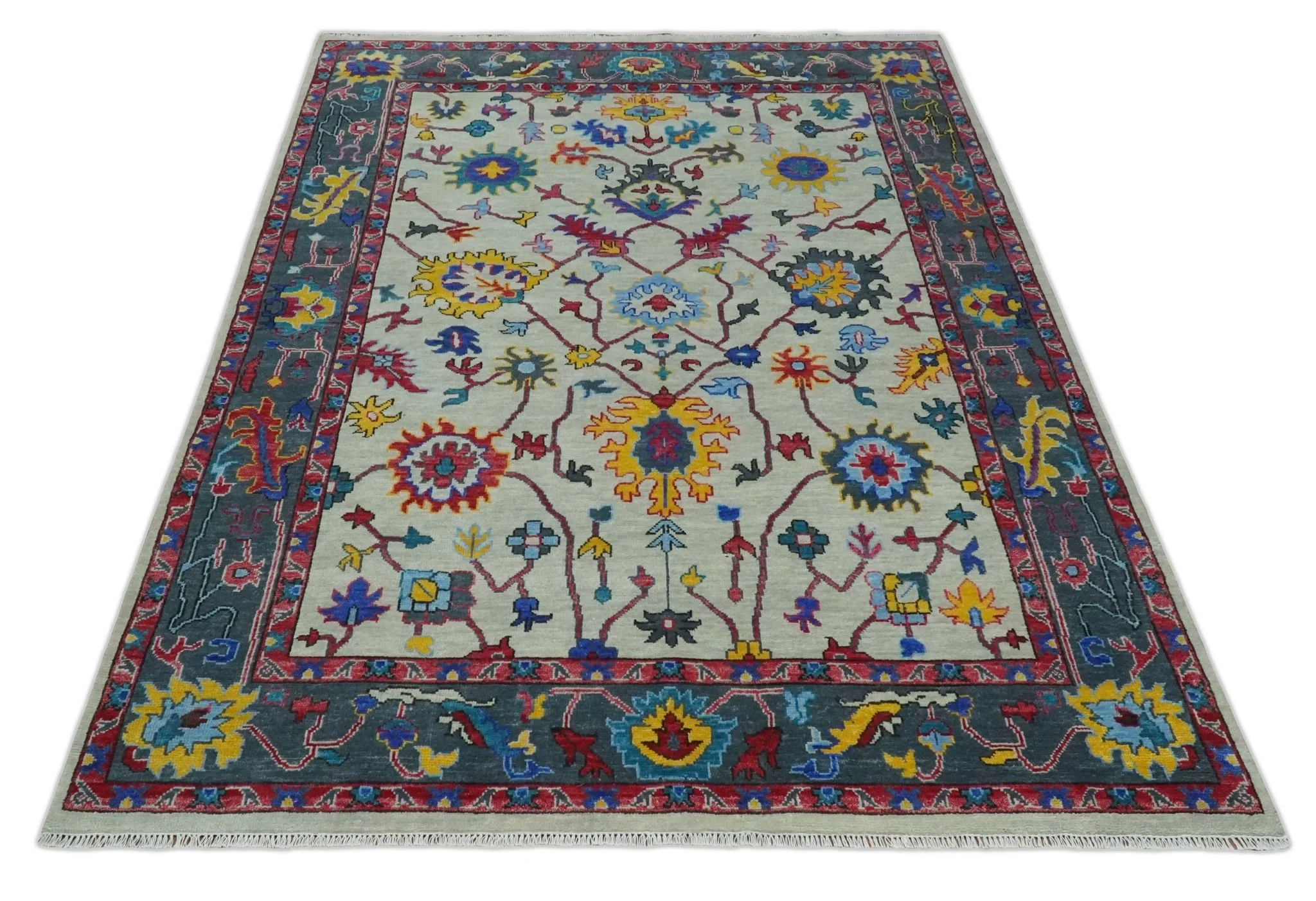 Vibrant colorful Ivory and Charcoal Hand Knotted Traditional Oushak Multi size Wool area Rug - Image 10