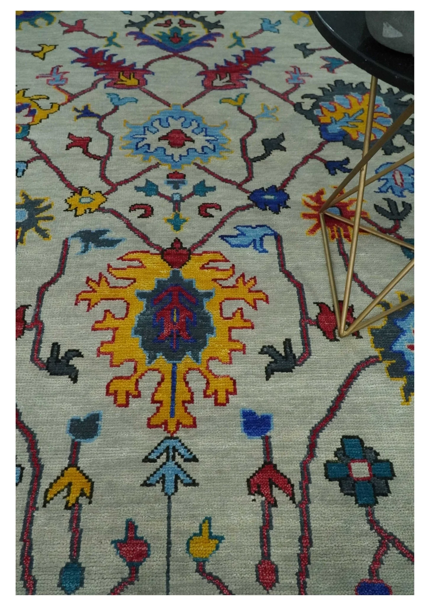Vibrant colorful Ivory and Charcoal Hand Knotted Traditional Oushak Multi size Wool area Rug - Image 2