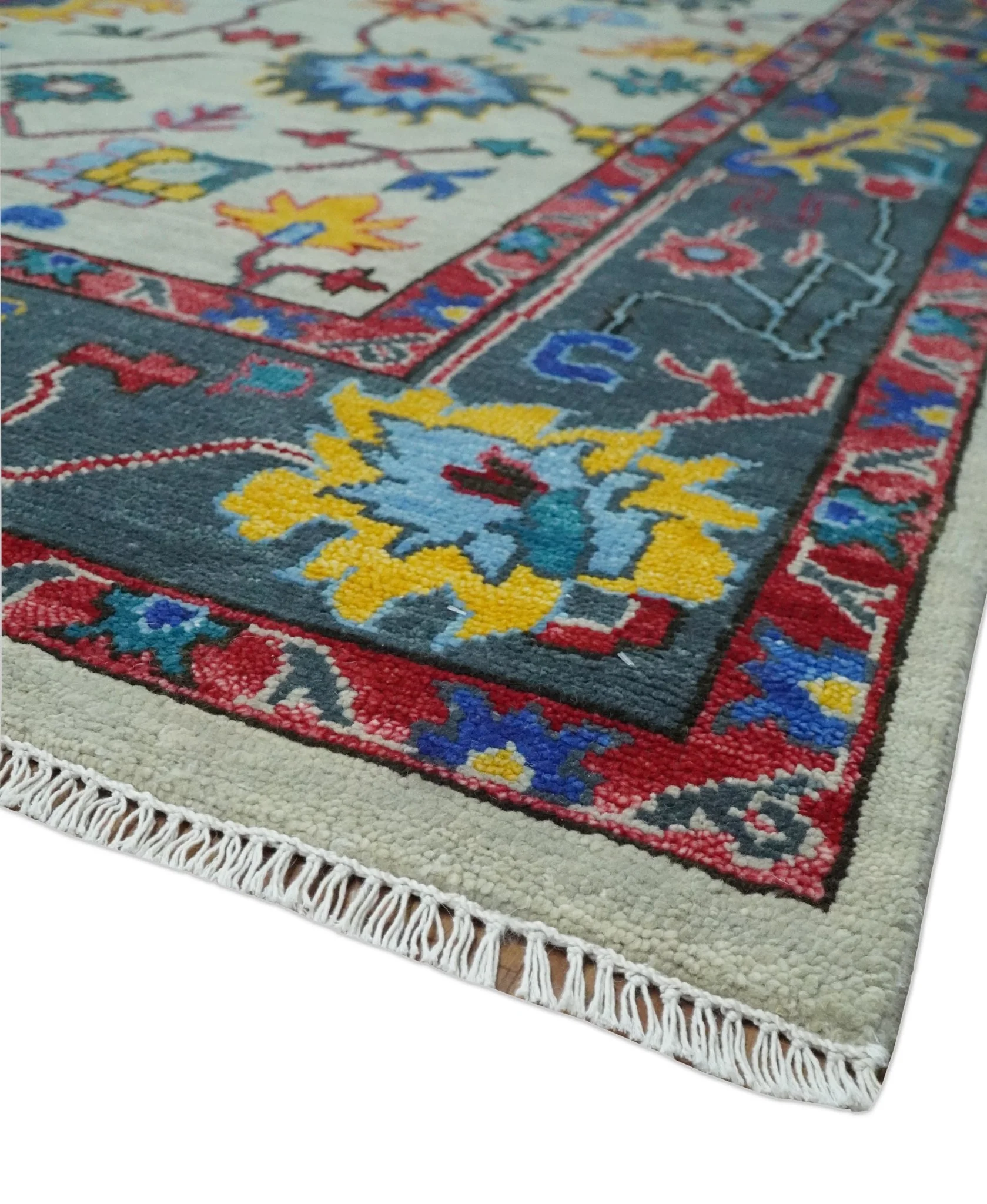 Vibrant colorful Ivory and Charcoal Hand Knotted Traditional Oushak Multi size Wool area Rug - Image 5