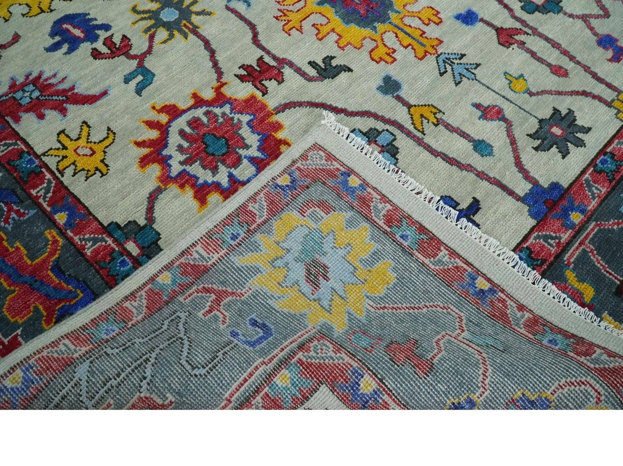 Vibrant colorful Ivory and Charcoal Hand Knotted Traditional Oushak Multi size Wool area Rug - Image 6