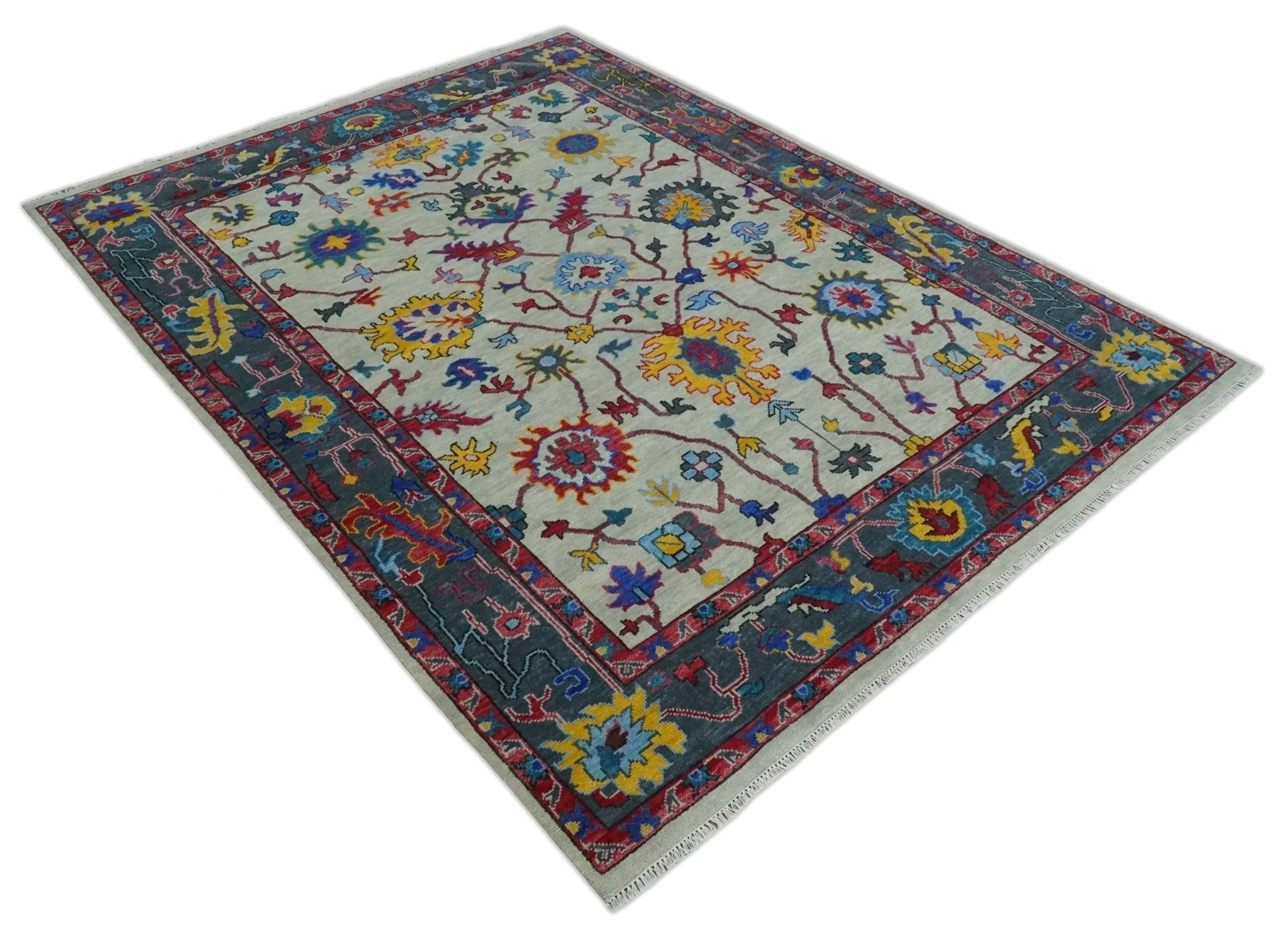 Vibrant colorful Ivory and Charcoal Hand Knotted Traditional Oushak Multi size Wool area Rug - Image 9