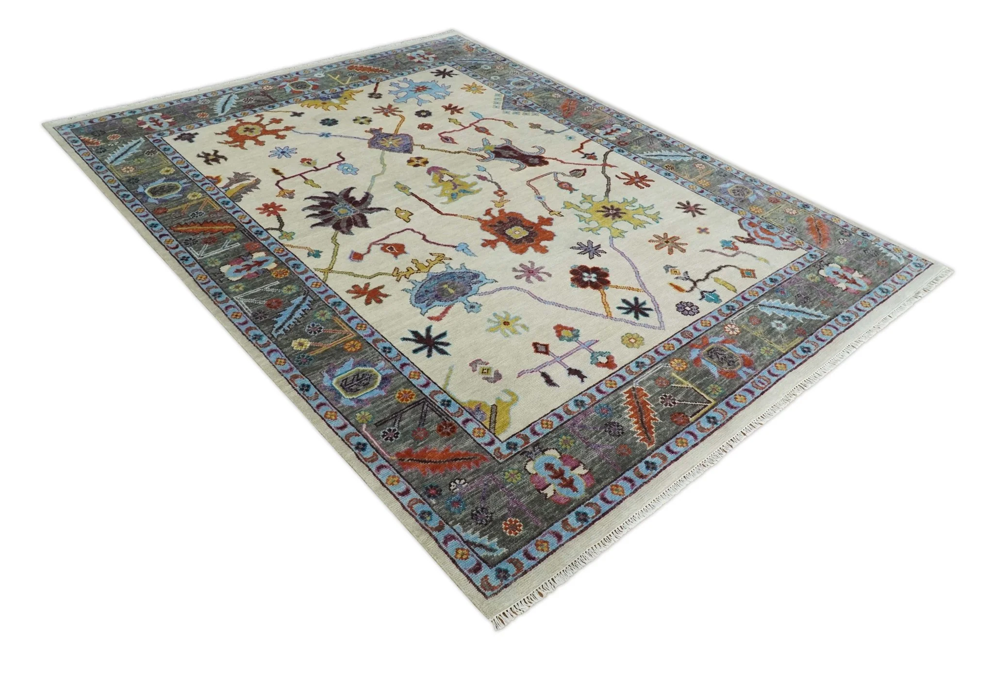 Hand Knotted Ivory, Gray and Blue Traditional Oushak Multi Size Wool Area Rug - Image 10