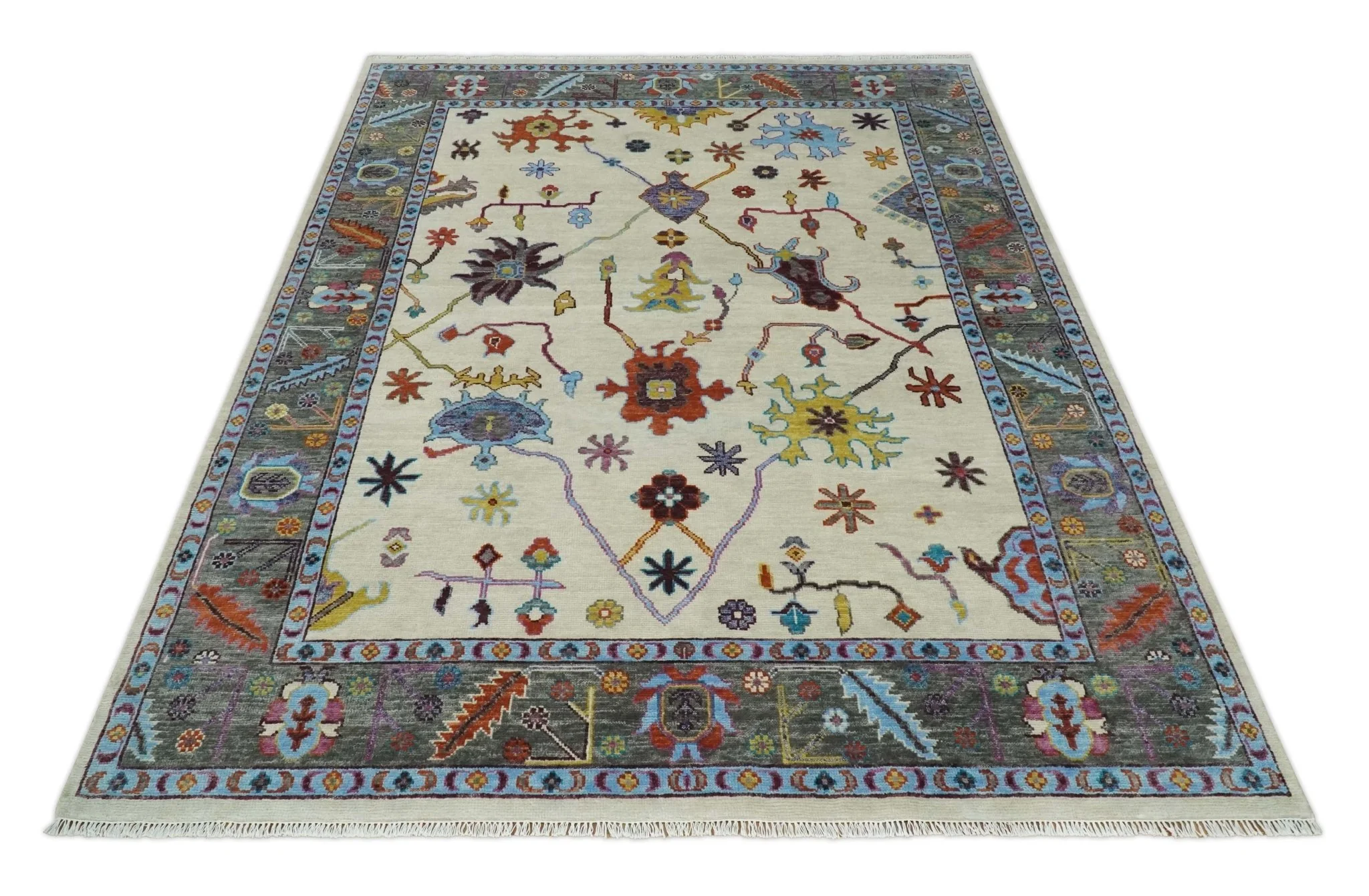 Hand Knotted Ivory, Gray and Blue Traditional Oushak Multi Size Wool Area Rug - Image 11