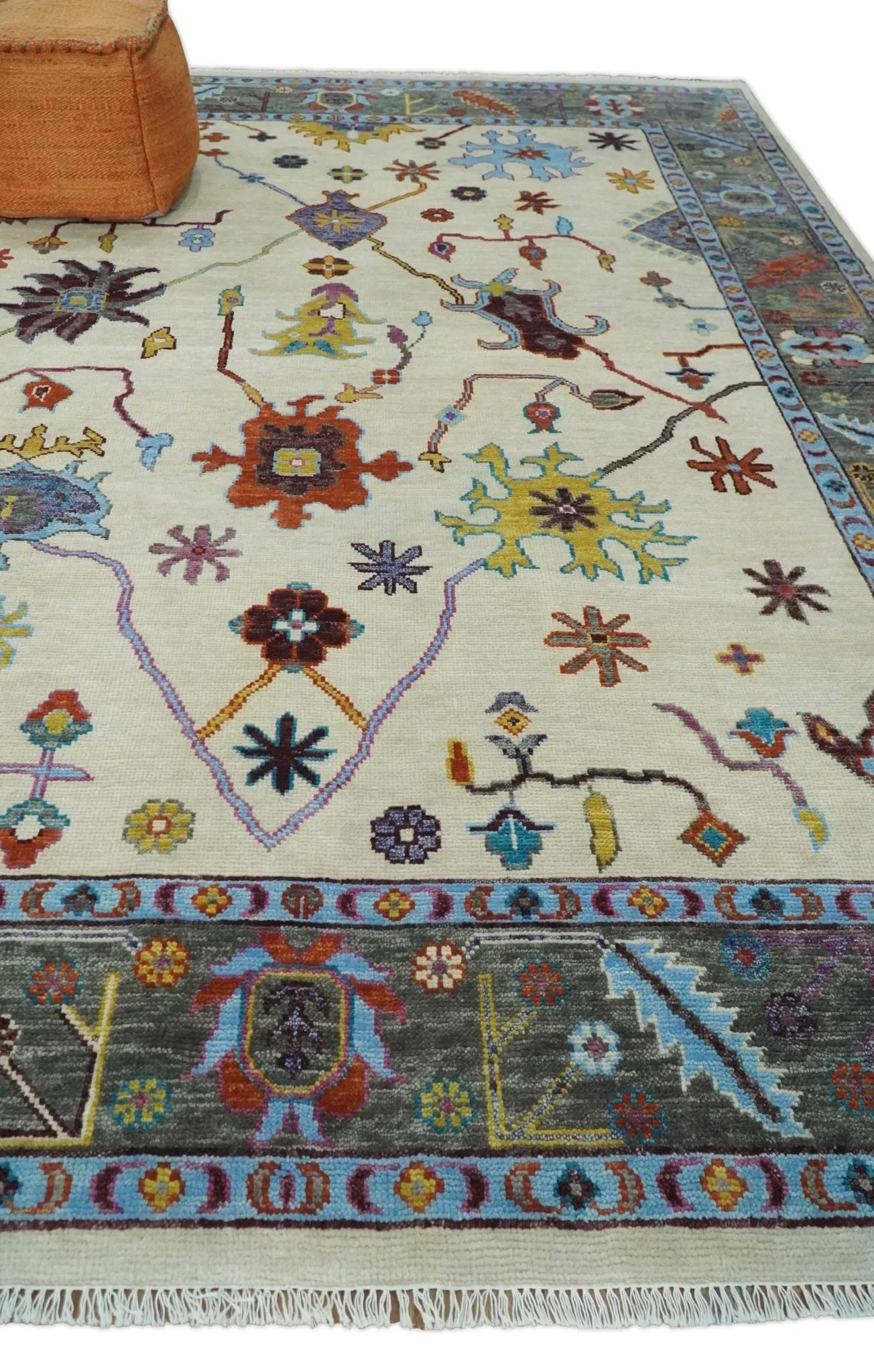 Hand Knotted Ivory, Gray and Blue Traditional Oushak Multi Size Wool Area Rug - Image 3
