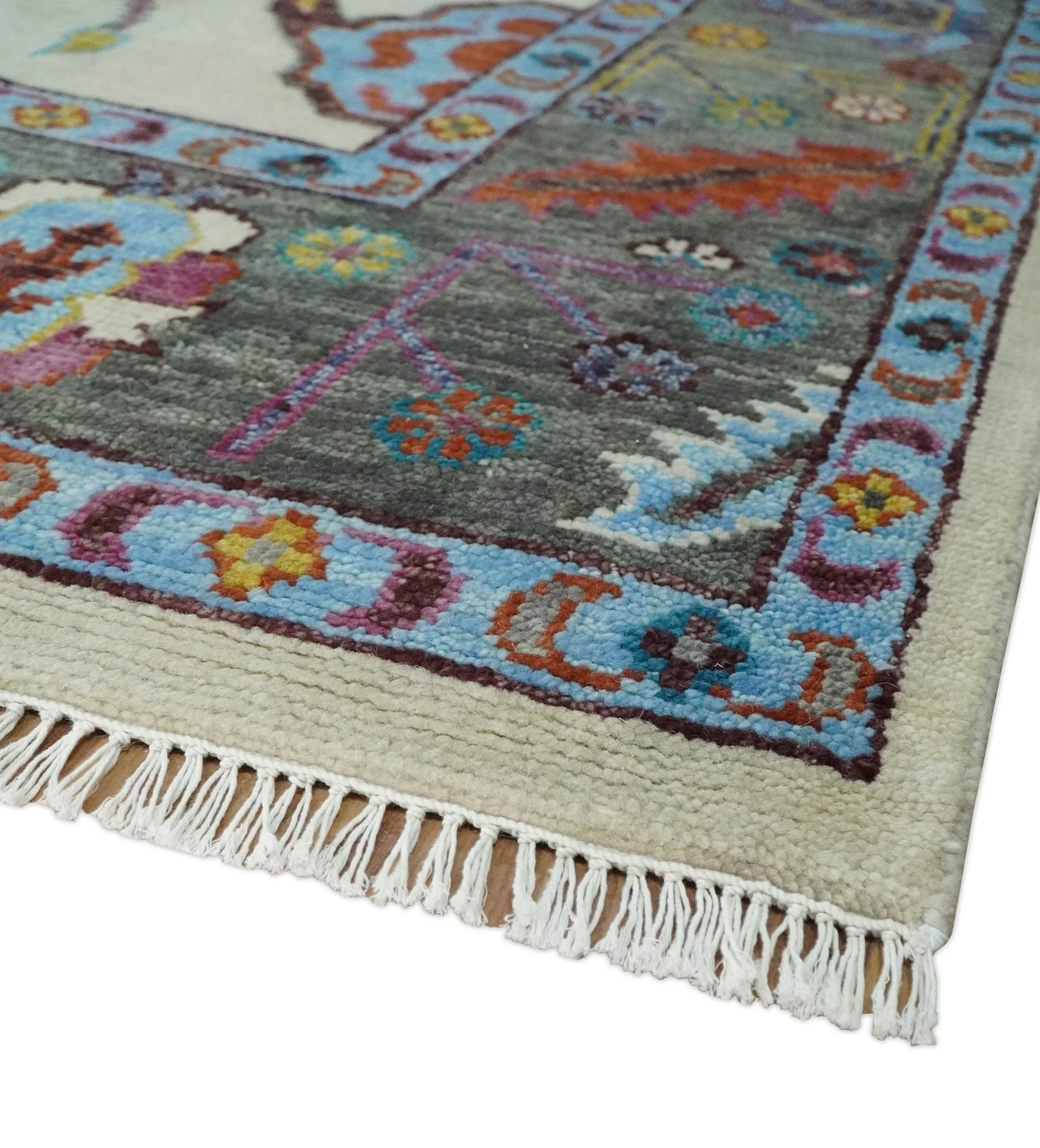 Hand Knotted Ivory, Gray and Blue Traditional Oushak Multi Size Wool Area Rug - Image 5