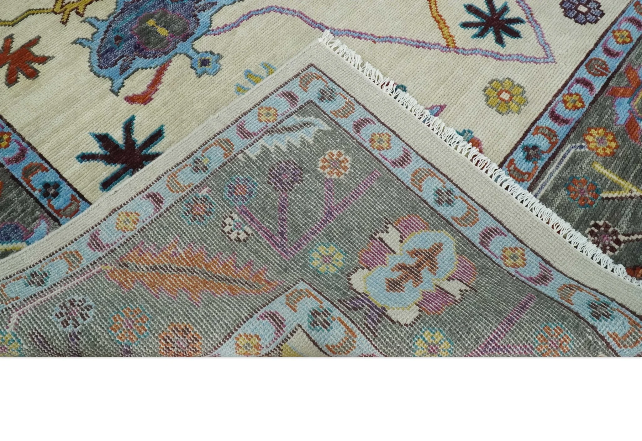 Hand Knotted Ivory, Gray and Blue Traditional Oushak Multi Size Wool Area Rug - Image 7