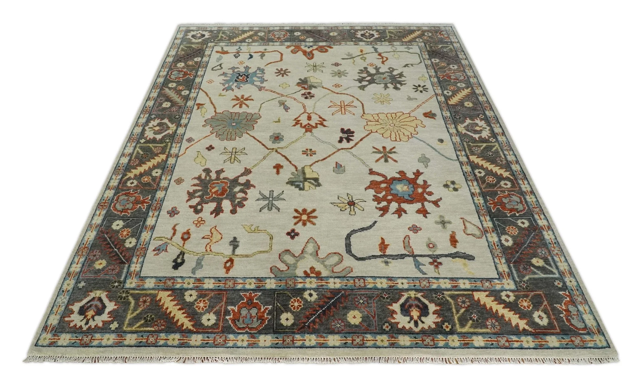 Hand Knotted Ivory, Charcoal and Blue Traditional Oriental Oushak Multi size Wool Area Rug - Image 10