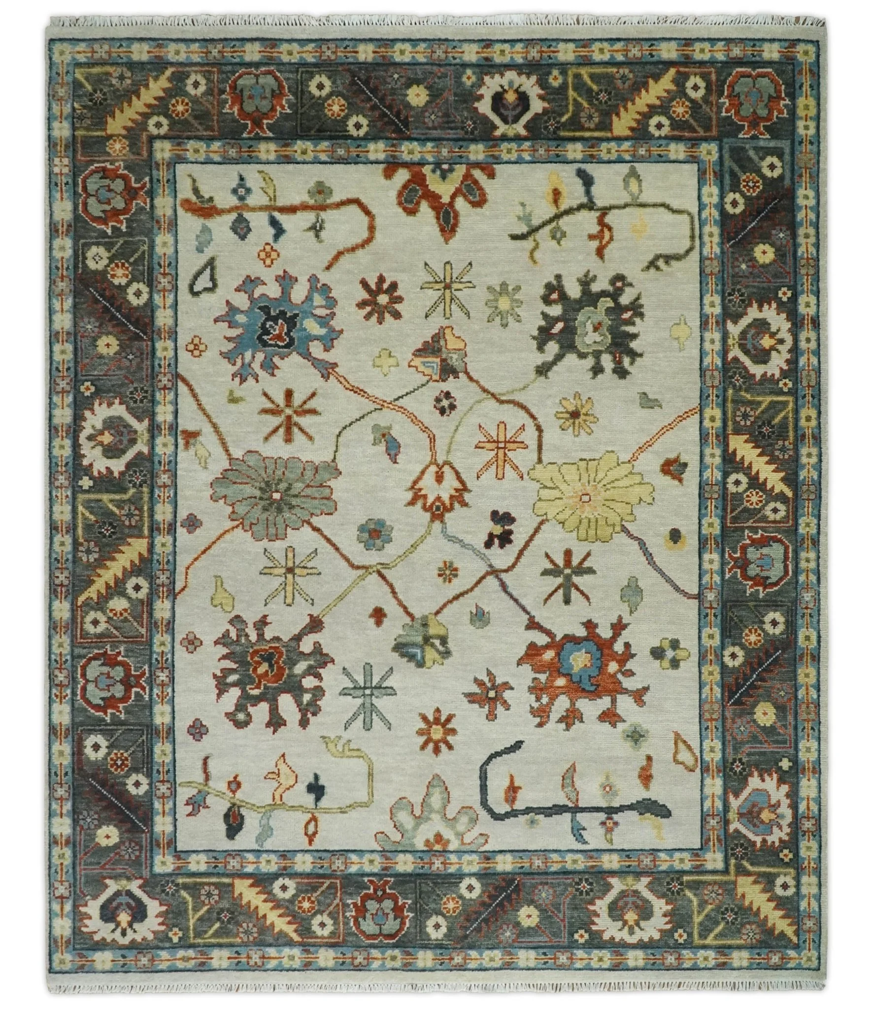 Hand Knotted Ivory, Charcoal and Blue Traditional Oriental Oushak Multi size Wool Area Rug - Image 11