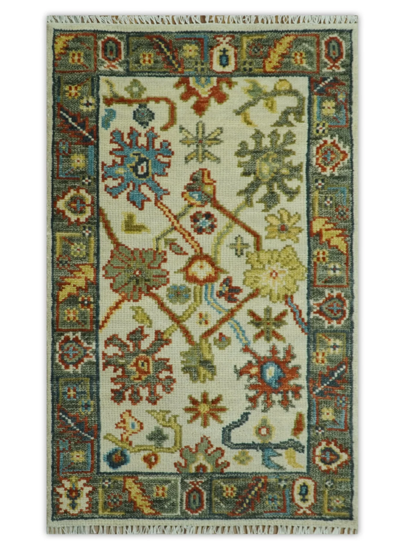 Hand Knotted Ivory, Charcoal and Blue Traditional Oriental Oushak Multi size Wool Area Rug - Image 12