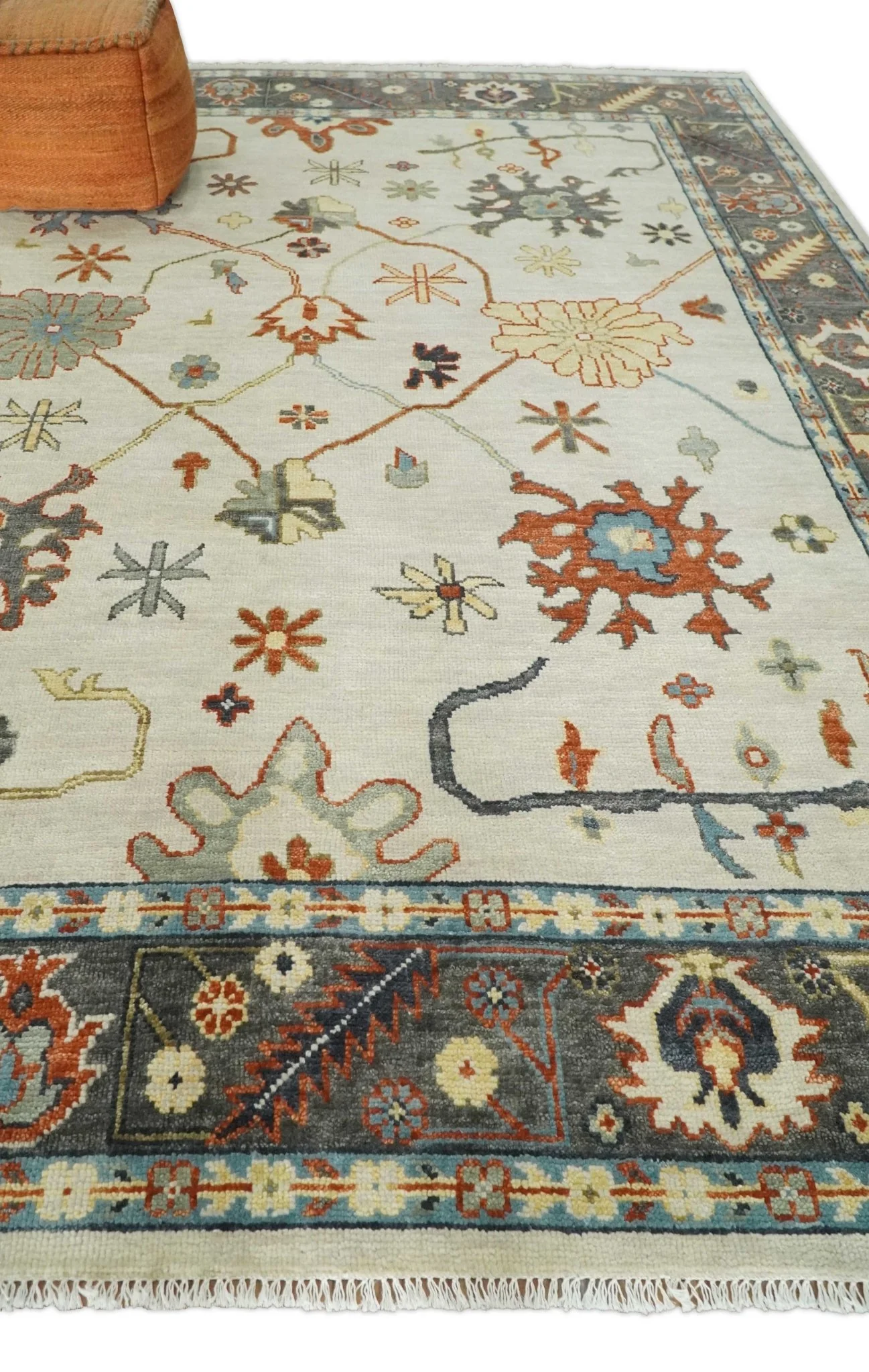 Hand Knotted Ivory, Charcoal and Blue Traditional Oriental Oushak Multi size Wool Area Rug - Image 3
