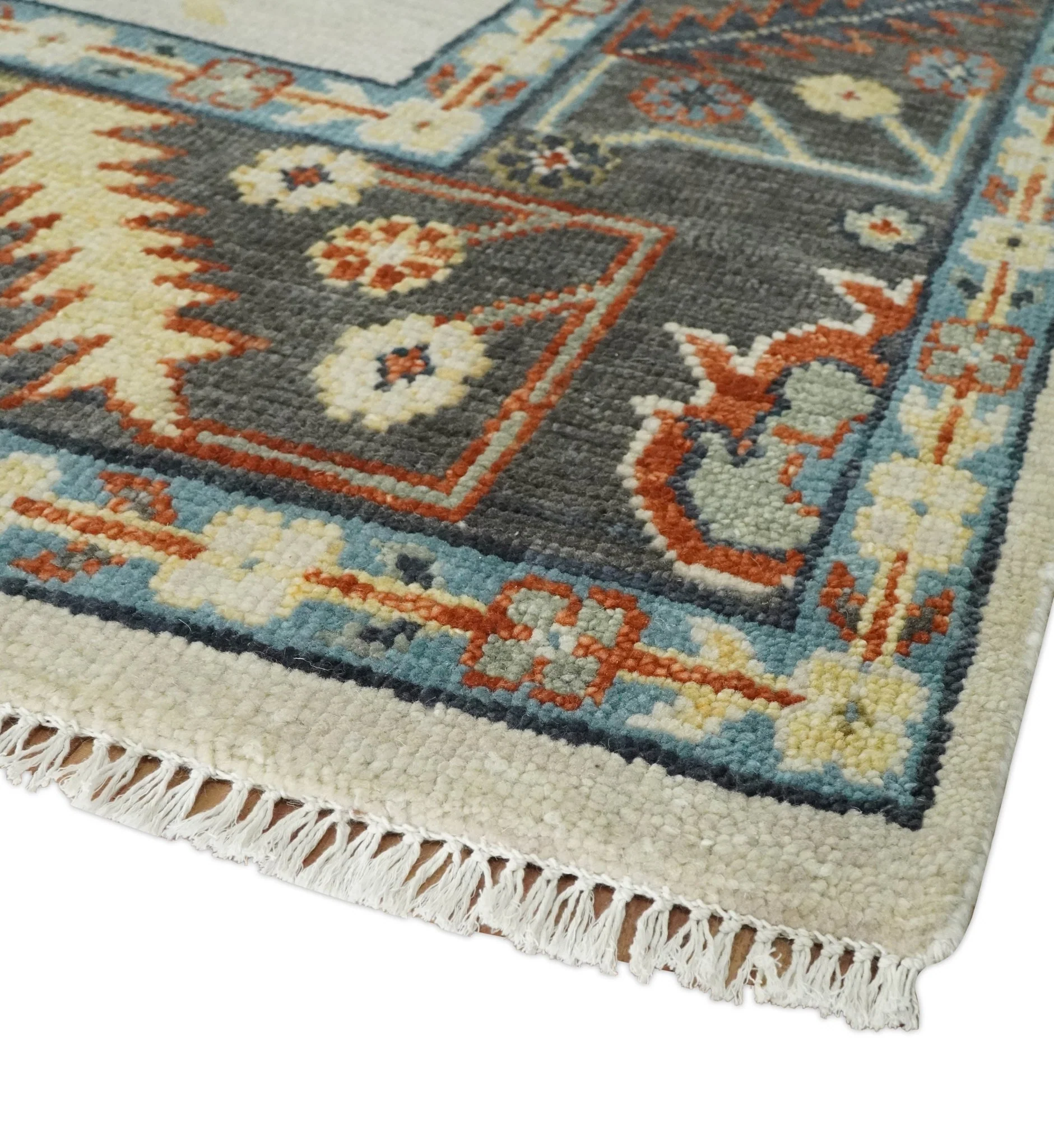 Hand Knotted Ivory, Charcoal and Blue Traditional Oriental Oushak Multi size Wool Area Rug - Image 5