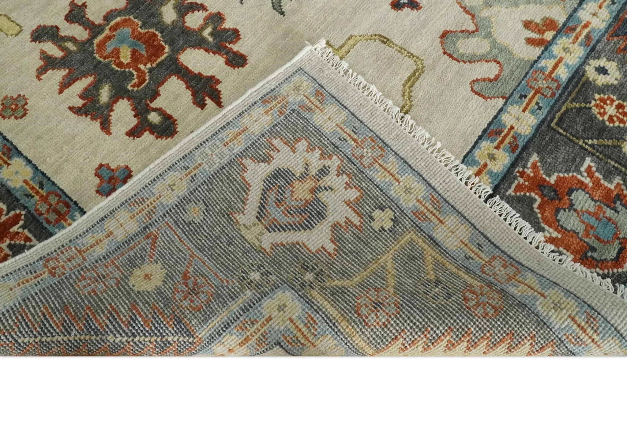 Hand Knotted Ivory, Charcoal and Blue Traditional Oriental Oushak Multi size Wool Area Rug - Image 7