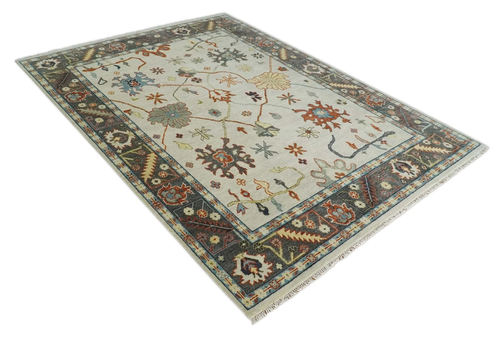 Hand Knotted Ivory, Charcoal and Blue Traditional Oriental Oushak Multi size Wool Area Rug - Image 9