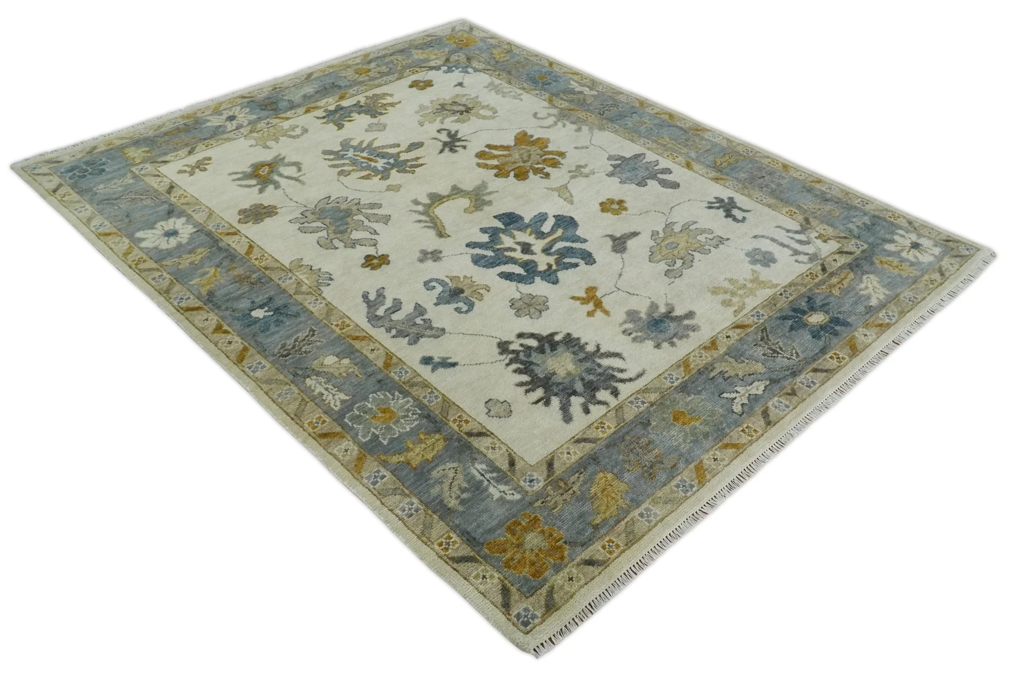 Hand Knotted Ivory, Blue and Brown Traditional Persian Oushak Wool Rug | TRDCP910 - Image 10
