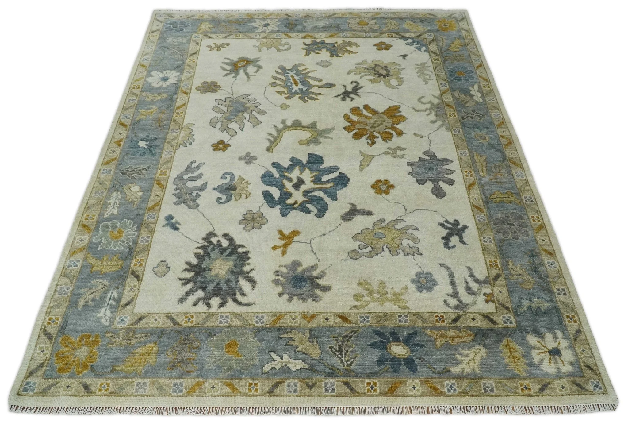 Hand Knotted Ivory, Blue and Brown Traditional Persian Oushak Wool Rug | TRDCP910 - Image 11