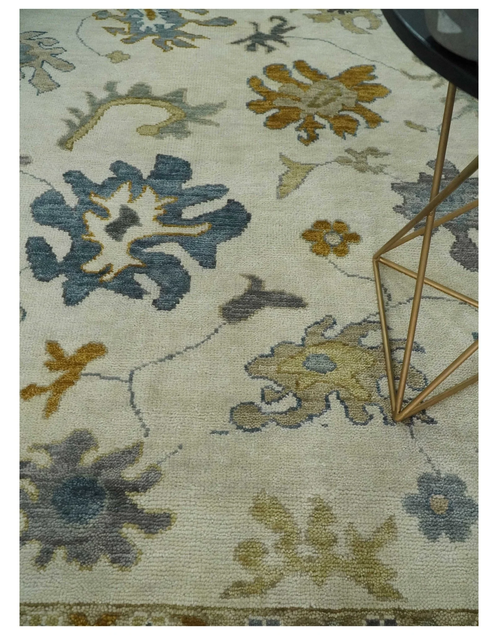 Hand Knotted Ivory, Blue and Brown Traditional Persian Oushak Wool Rug | TRDCP910 - Image 2