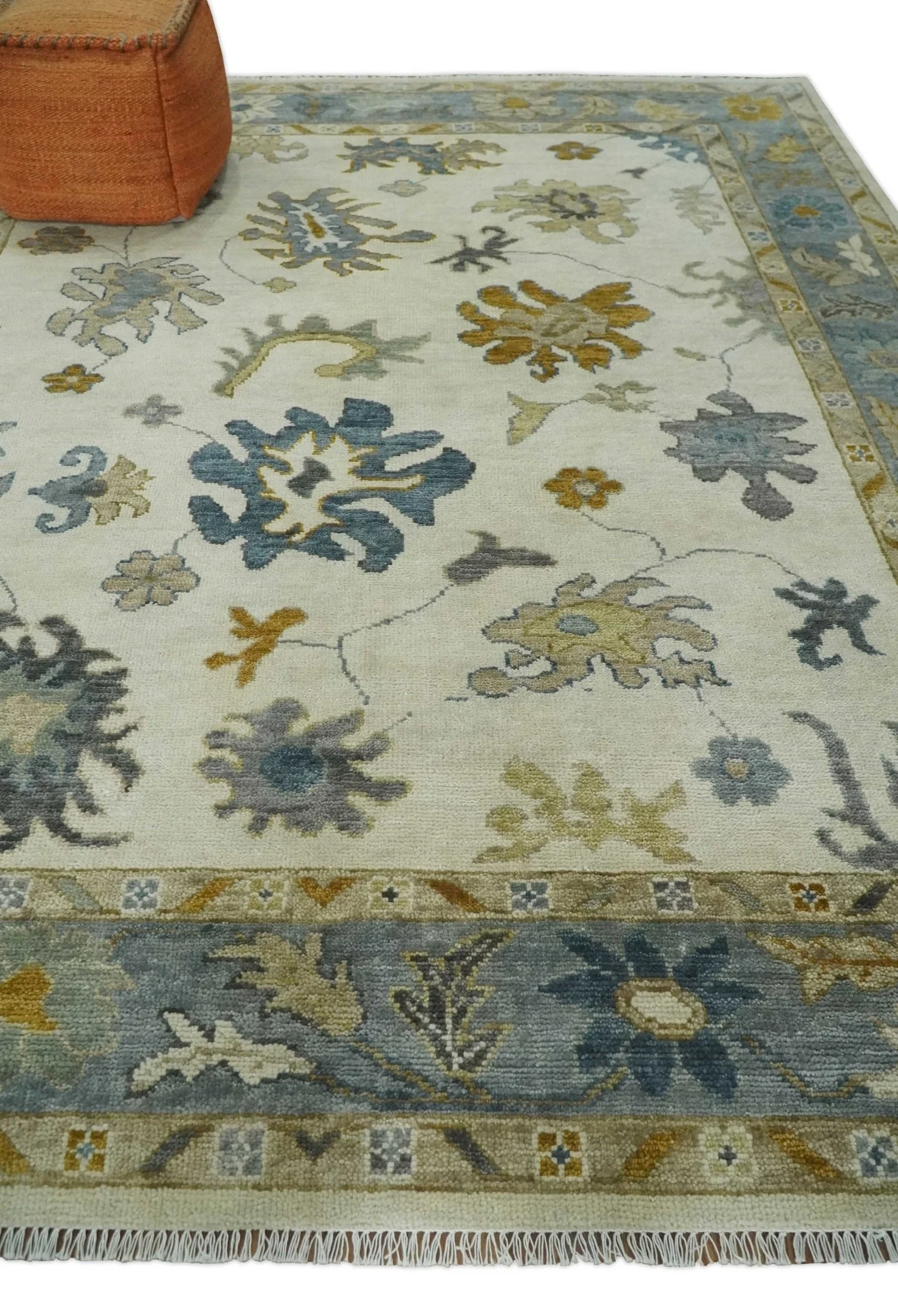 Hand Knotted Ivory, Blue and Brown Traditional Persian Oushak Wool Rug | TRDCP910 - Image 3