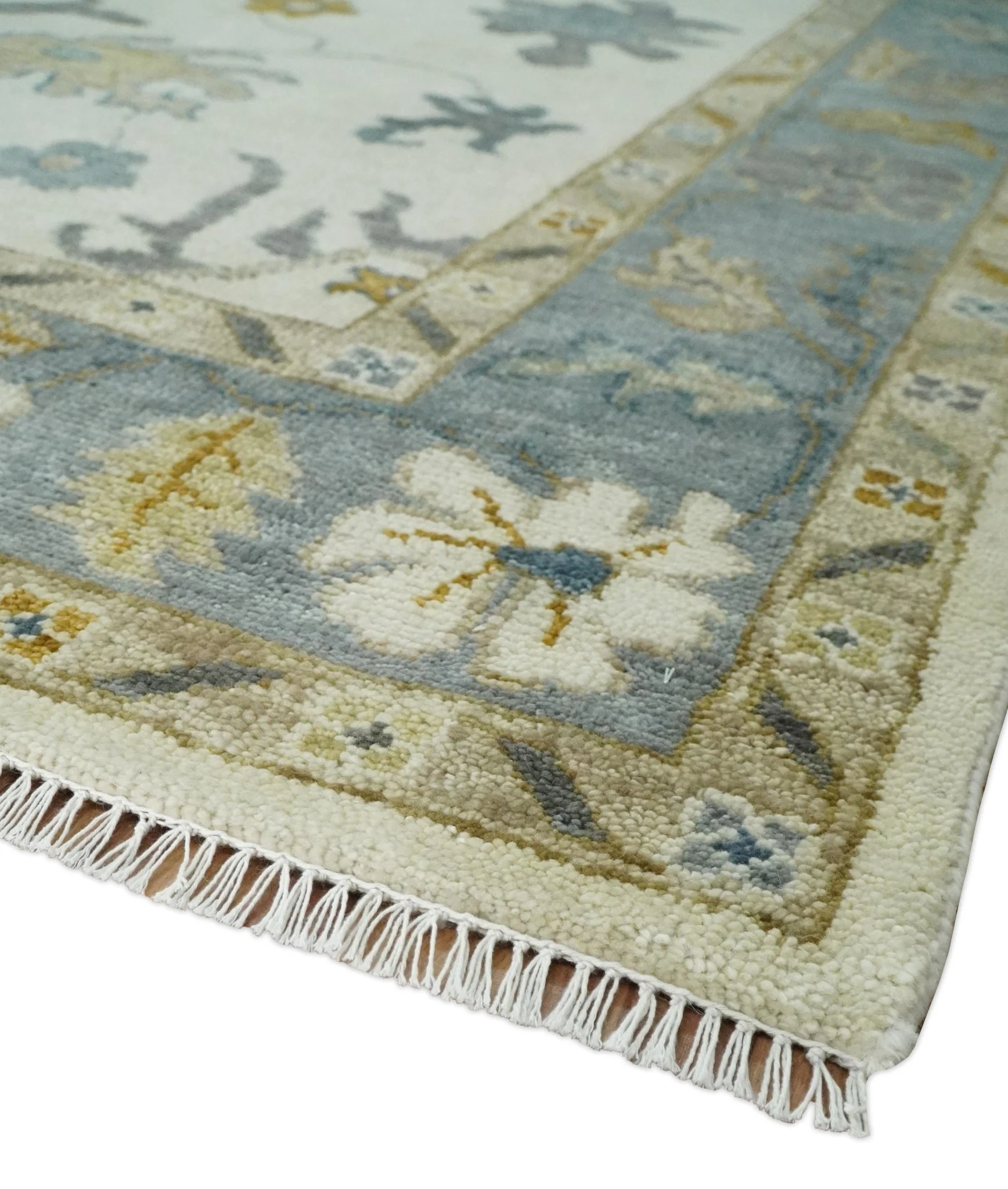 Hand Knotted Ivory, Blue and Brown Traditional Persian Oushak Wool Rug | TRDCP910 - Image 5