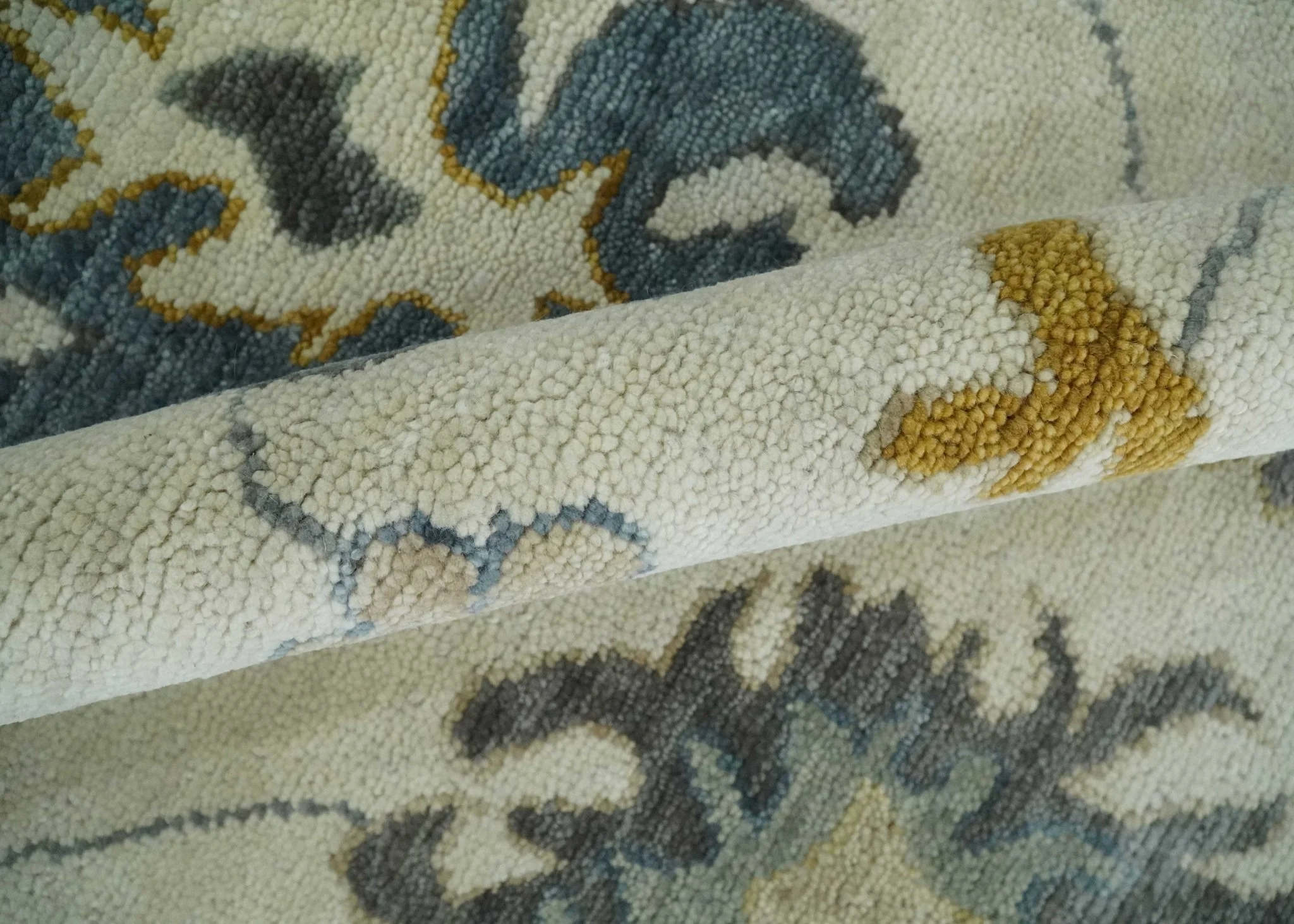 Hand Knotted Ivory, Blue and Brown Traditional Persian Oushak Wool Rug | TRDCP910 - Image 6