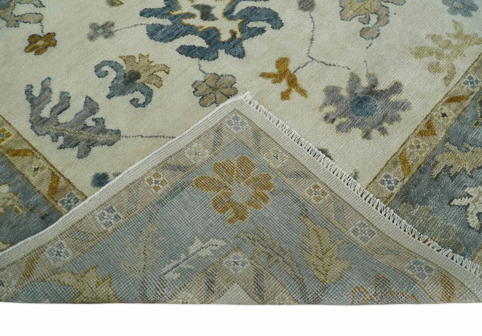 Hand Knotted Ivory, Blue and Brown Traditional Persian Oushak Wool Rug | TRDCP910 - Image 7