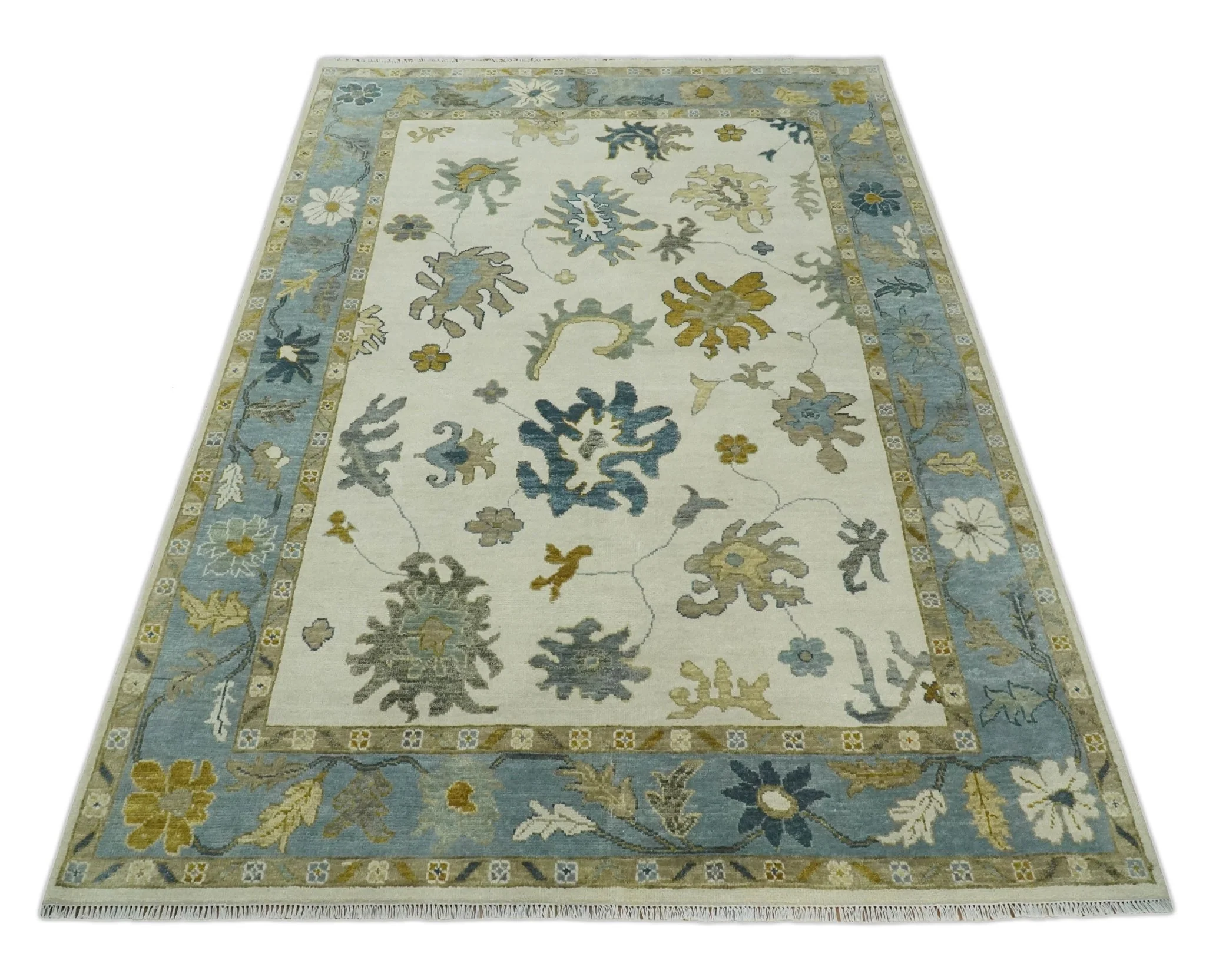 Hand Knotted Ivory, Silver and Blue Traditional Oushak Custom Made Wool Area Rug - Image 10