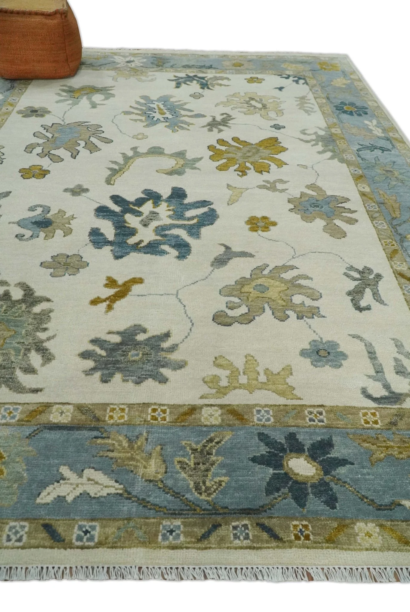 Hand Knotted Ivory, Silver and Blue Traditional Oushak Custom Made Wool Area Rug - Image 3