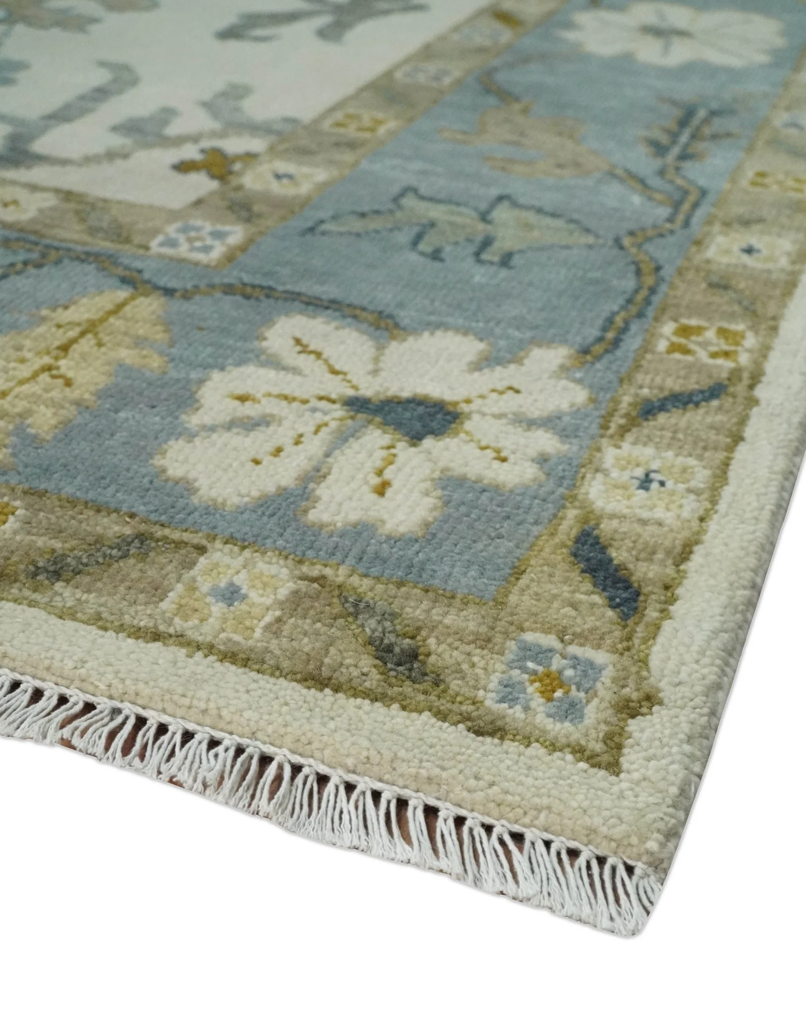 Hand Knotted Ivory, Silver and Blue Traditional Oushak Custom Made Wool Area Rug - Image 5