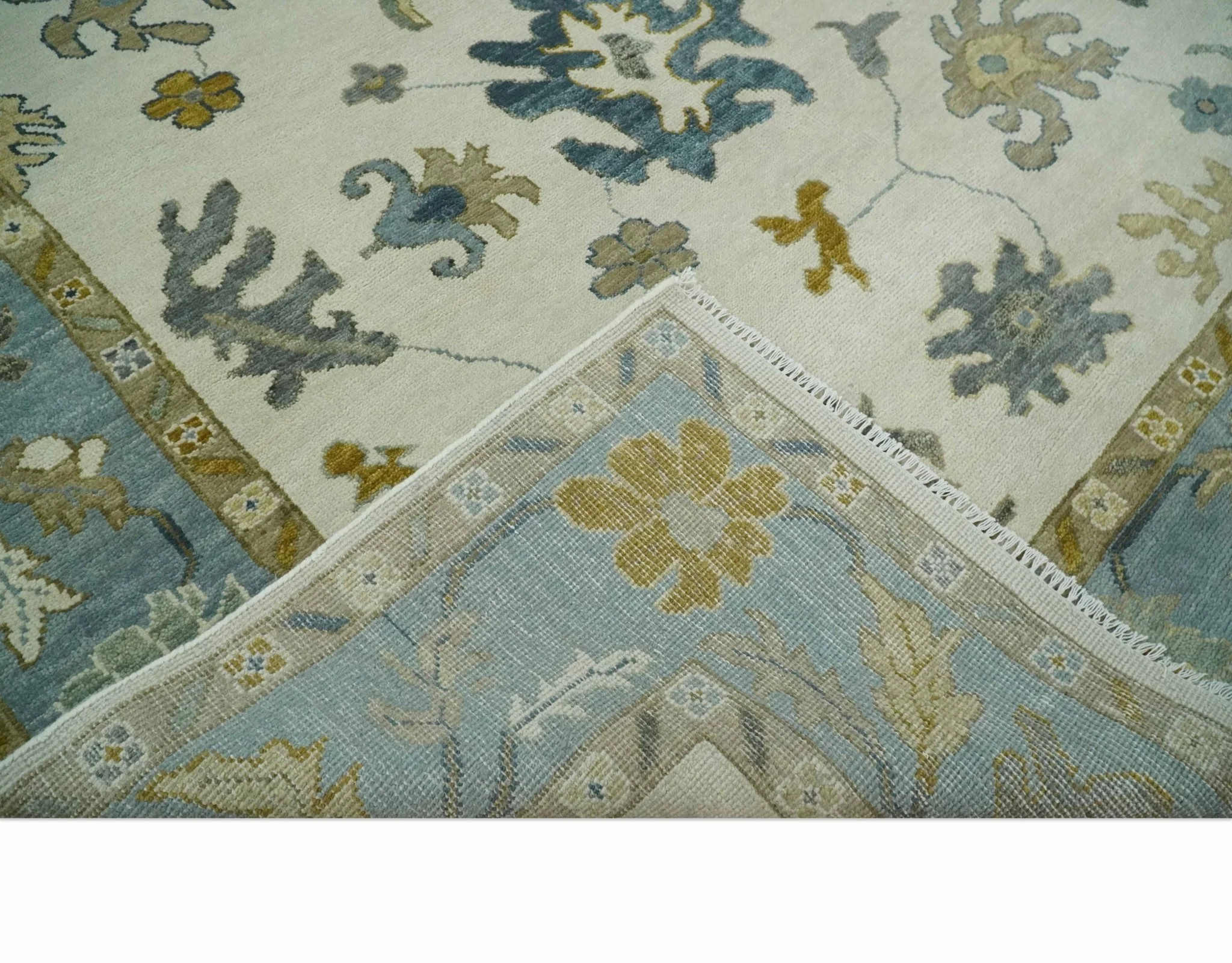 Hand Knotted Ivory, Silver and Blue Traditional Oushak Custom Made Wool Area Rug - Image 7