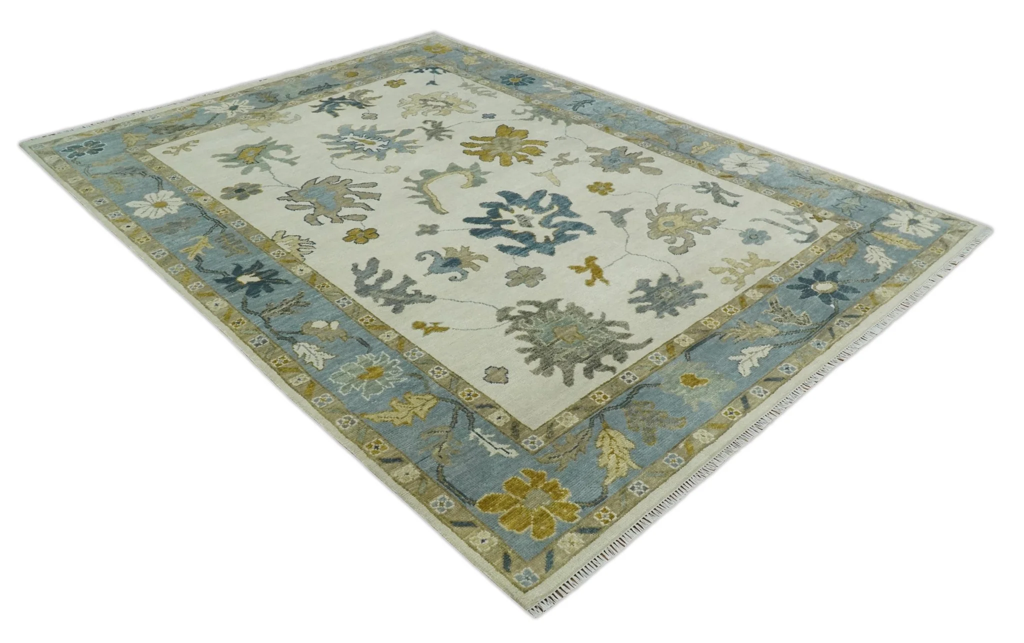 Hand Knotted Ivory, Silver and Blue Traditional Oushak Custom Made Wool Area Rug - Image 9