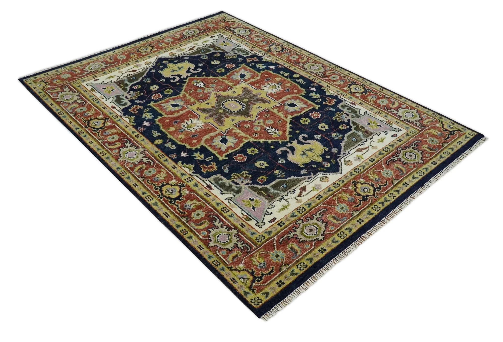Blue and Rust Hand Knotted Traditional Vintage Style Heriz Serapi Multi Size Wool Area Rug - Image 10